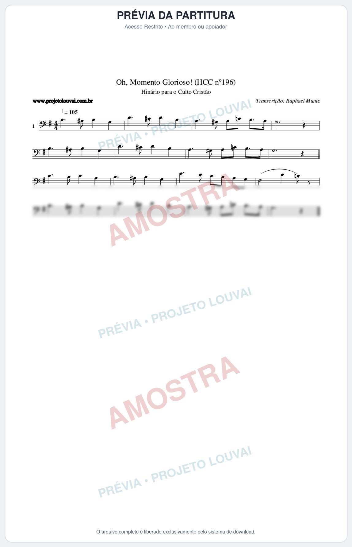 Prévia protegida da primeira página da partitura Partitura da música Oh, Momento Glorioso! (HCC nº196) - Hinário para o Culto Cristão - Tom G