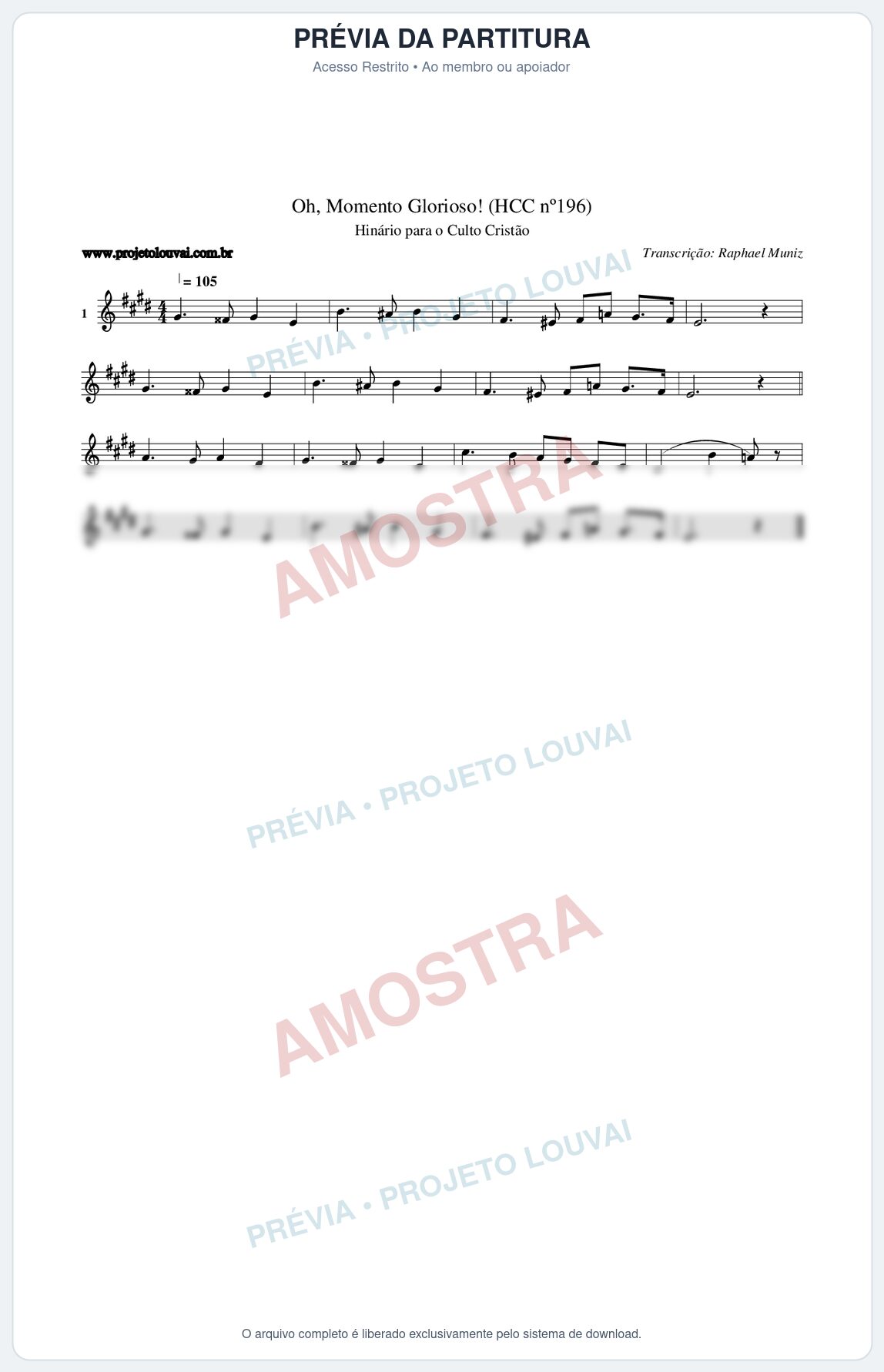 Prévia protegida da primeira página da partitura Partitura da música Oh, Momento Glorioso! (HCC nº196) - Hinário para o Culto Cristão - Tom E