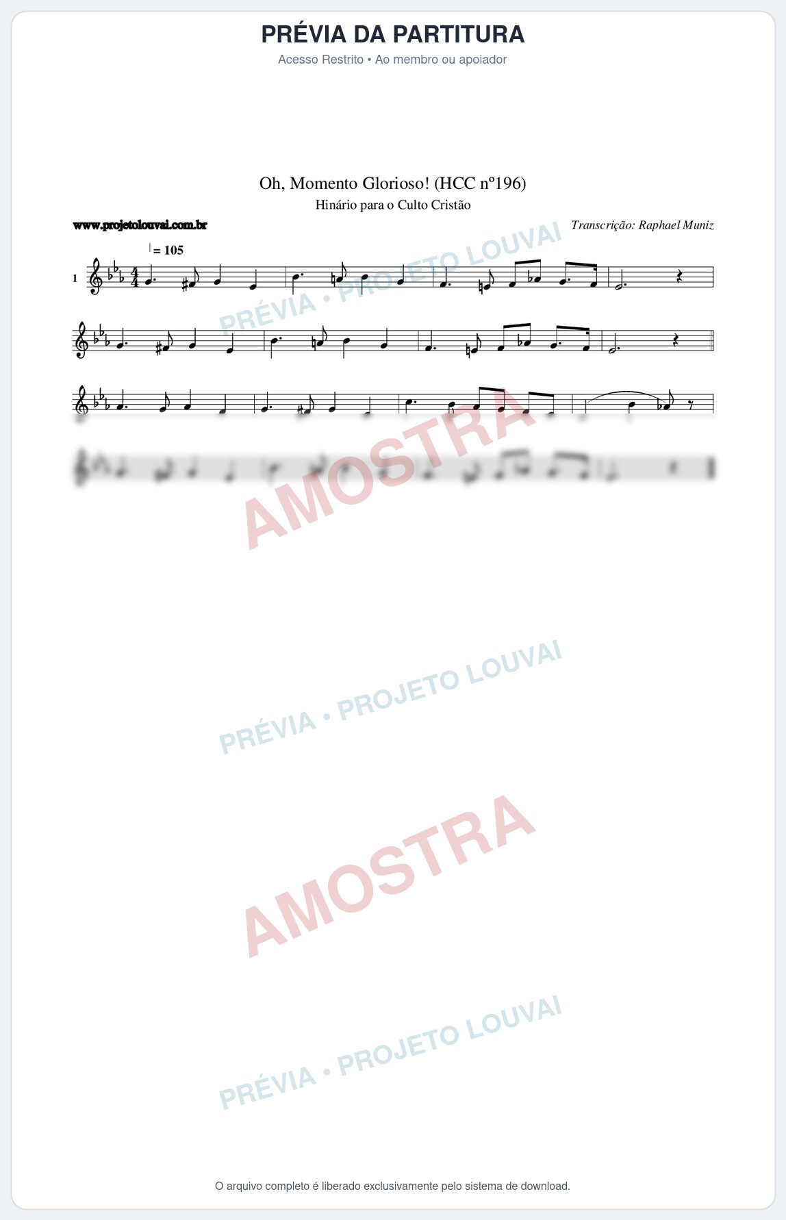Prévia protegida da primeira página da partitura Partitura da música Oh, Momento Glorioso! (HCC nº196) - Hinário para o Culto Cristão - Tom Eb