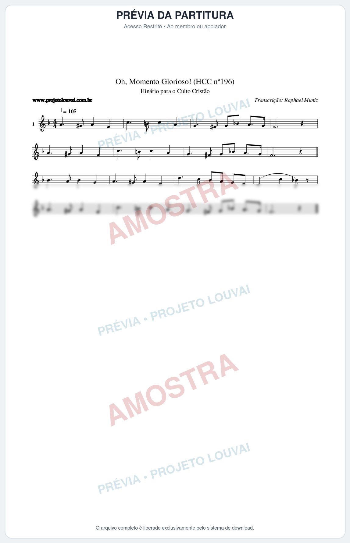 Prévia protegida da primeira página da partitura Partitura da música Oh, Momento Glorioso! (HCC nº196) - Hinário para o Culto Cristão - Tom F