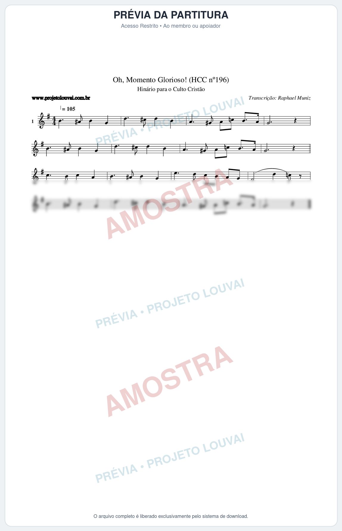 Prévia protegida da primeira página da partitura Partitura da música Oh, Momento Glorioso! (HCC nº196) - Hinário para o Culto Cristão - Tom G