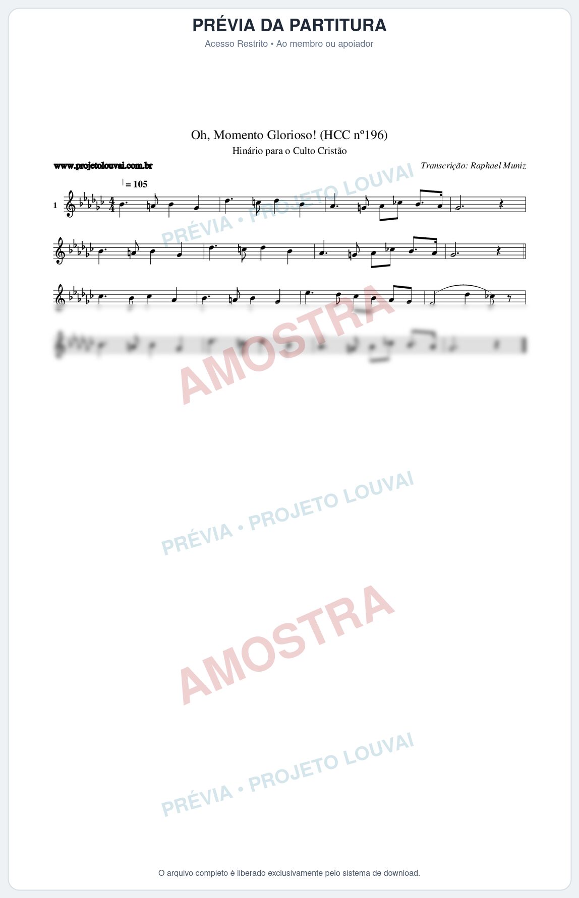 Prévia protegida da primeira página da partitura Partitura da música Oh, Momento Glorioso! (HCC nº196) - Hinário para o Culto Cristão - Tom Gb