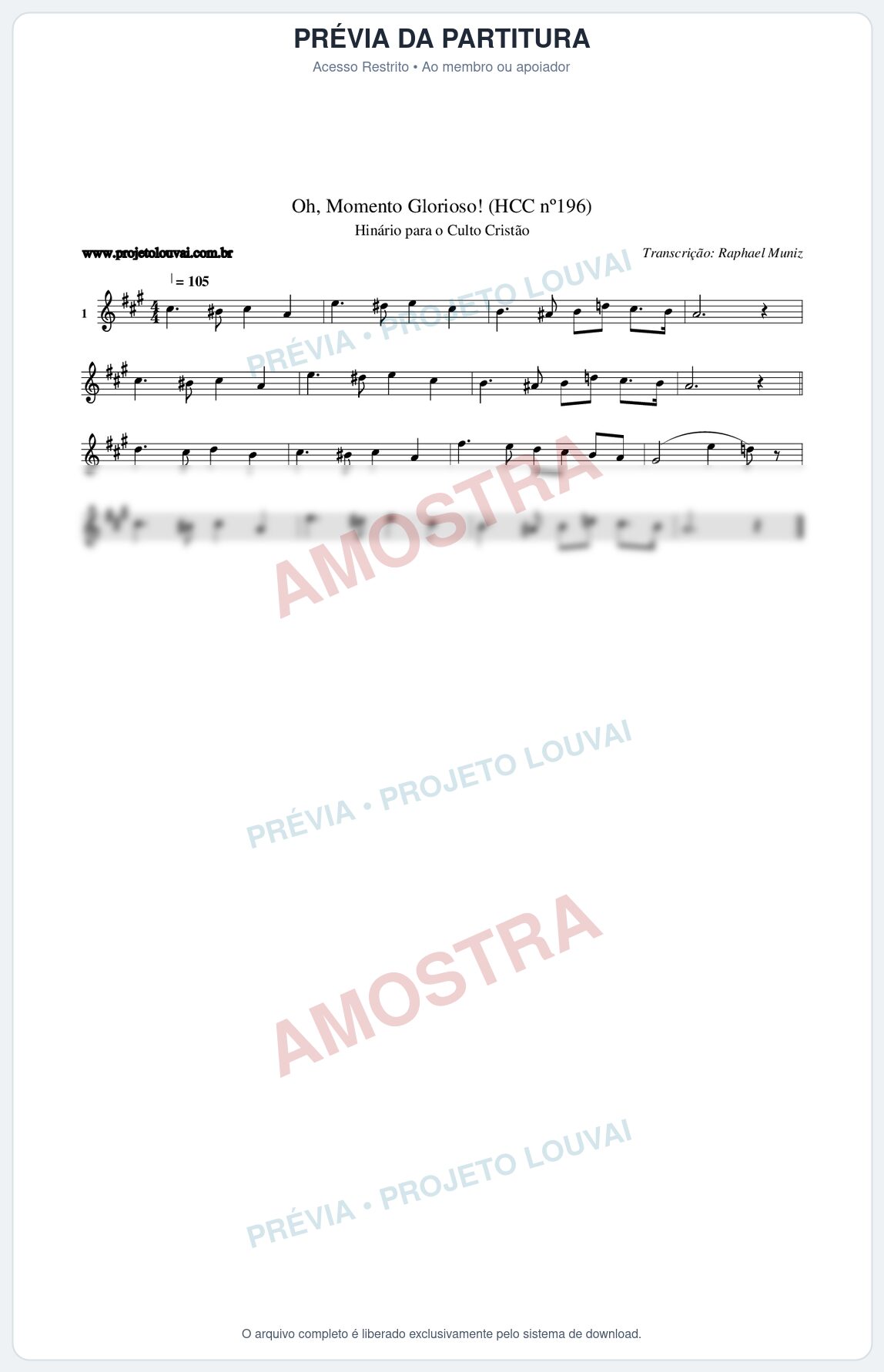 Prévia protegida da primeira página da partitura Partitura da música Oh, Momento Glorioso! (HCC nº196) - Hinário para o Culto Cristão - Tom A