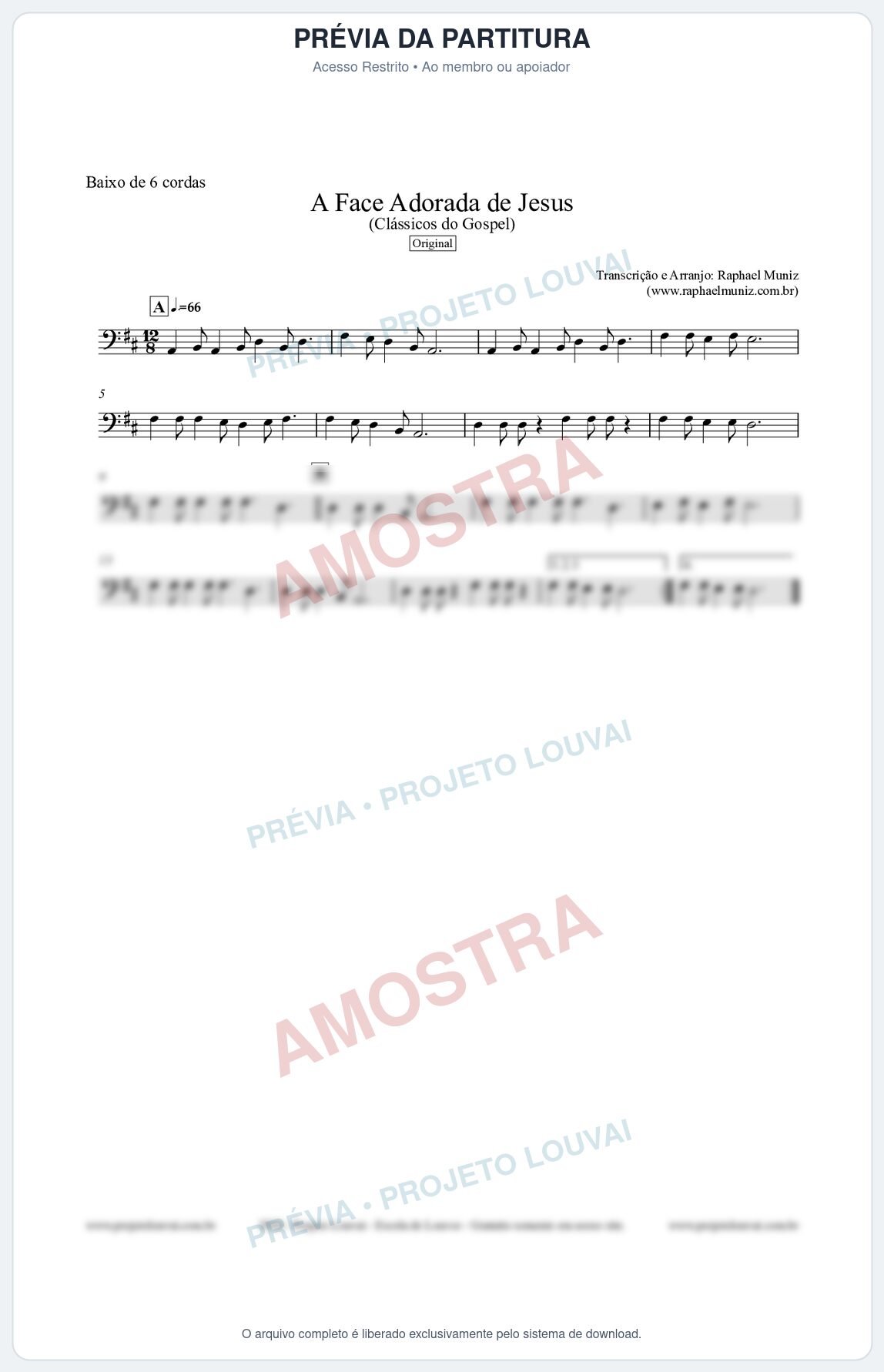 Prévia protegida da primeira página da partitura Partitura para Baixo de 6 cordas - A Face Adorada de Jesus - Harpa Cristã 304 (Tom D) - Clássicos do Gospel