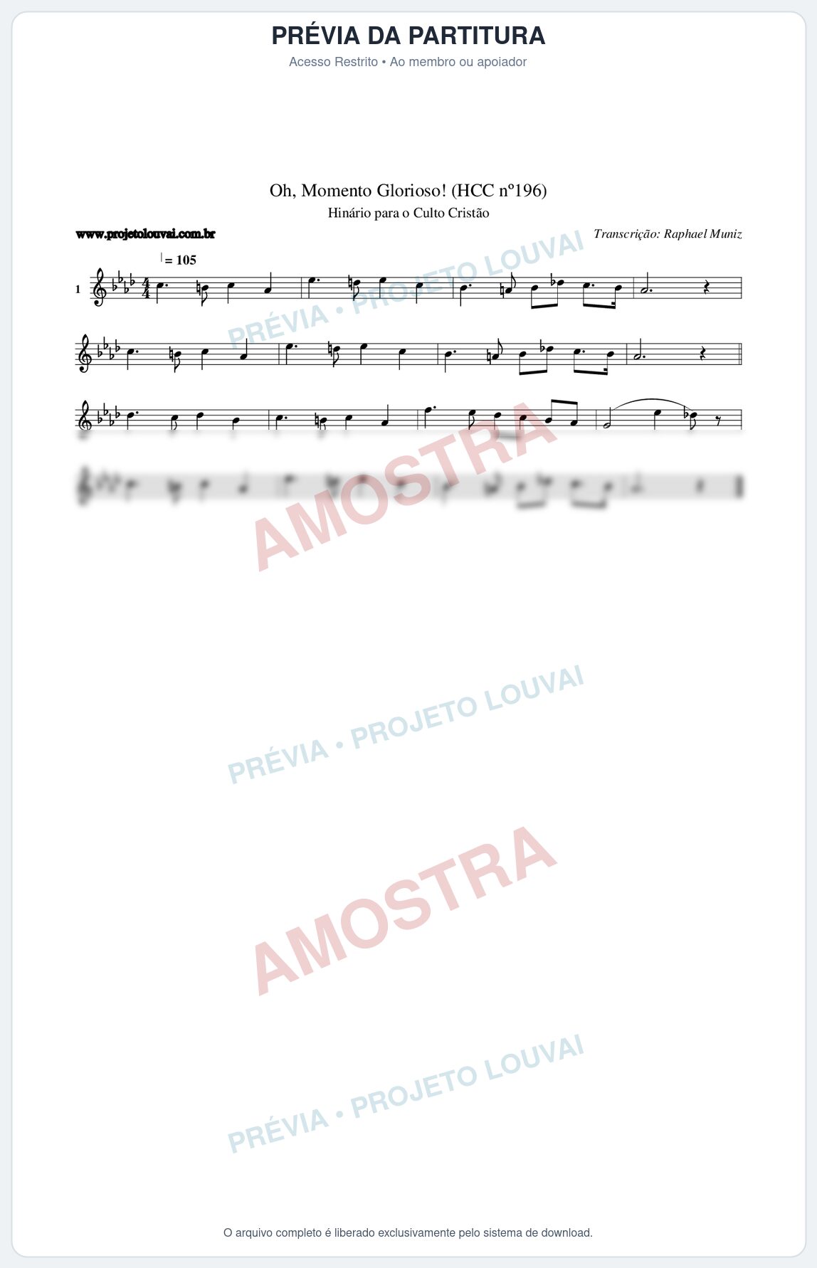 Prévia protegida da primeira página da partitura Partitura da música Oh, Momento Glorioso! (HCC nº196) - Hinário para o Culto Cristão - Tom Ab