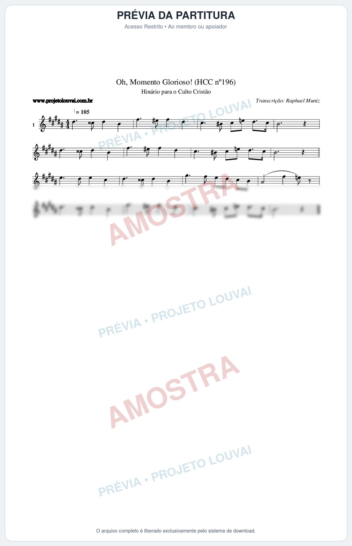Prévia protegida da primeira página da partitura Partitura da música Oh, Momento Glorioso! (HCC nº196) - Hinário para o Culto Cristão - Tom B