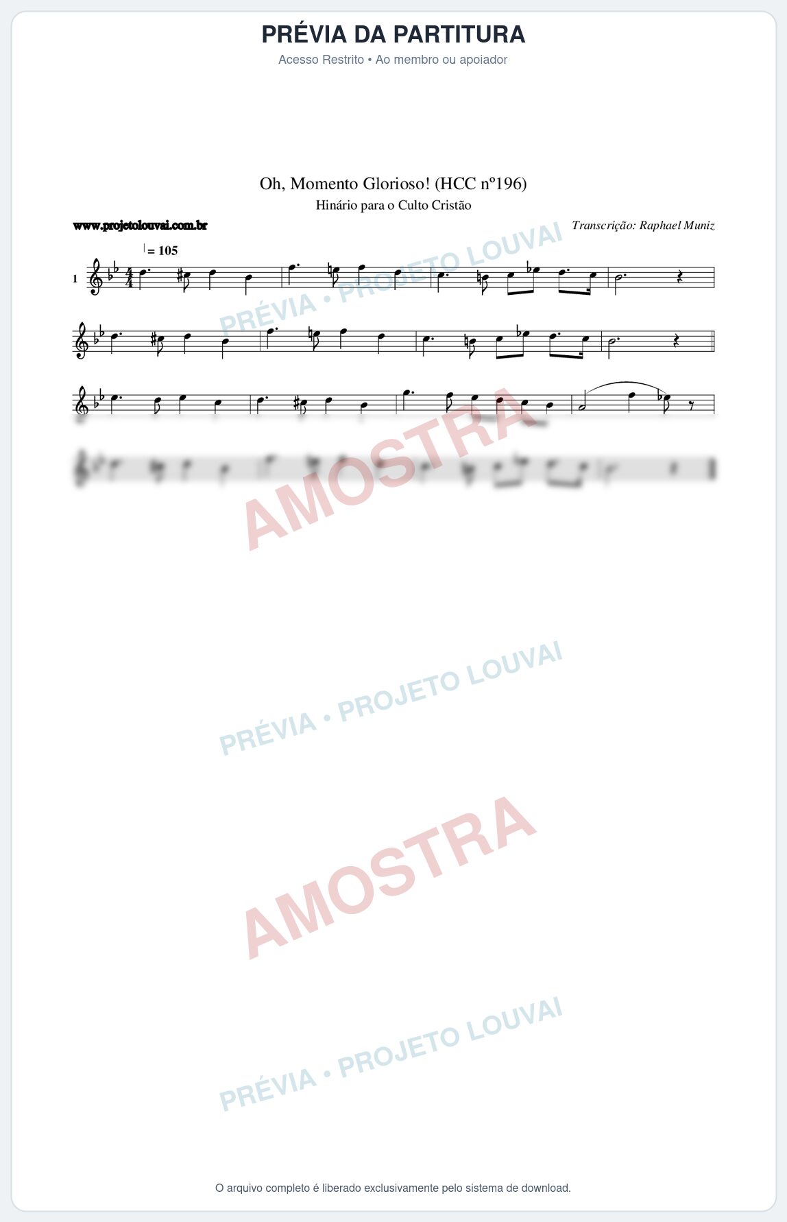 Prévia protegida da primeira página da partitura Partitura da música Oh, Momento Glorioso! (HCC nº196) - Hinário para o Culto Cristão - Tom Bb