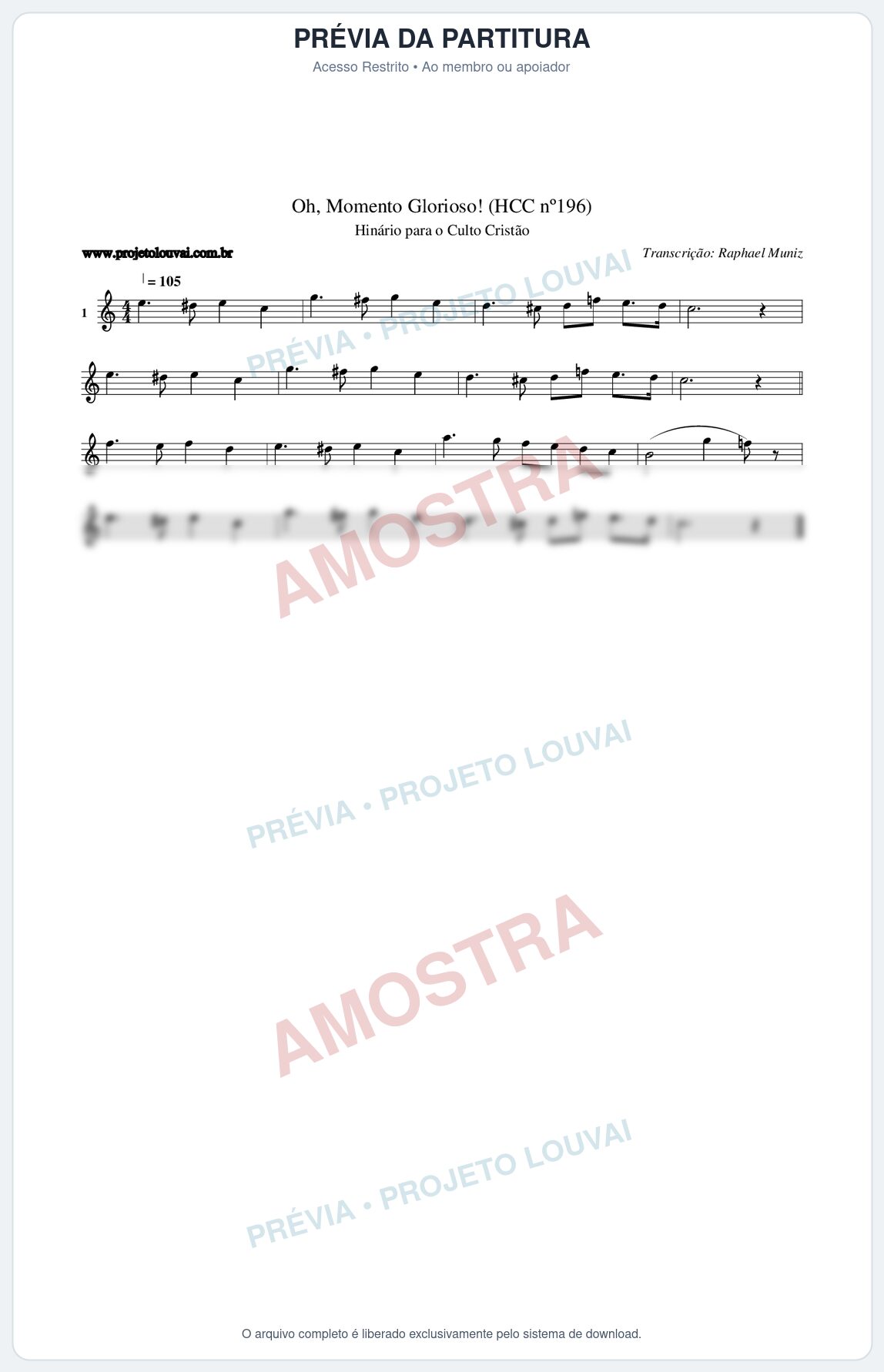 Prévia protegida da primeira página da partitura Partitura da música Oh, Momento Glorioso! (HCC nº196) - Hinário para o Culto Cristão - Tom C