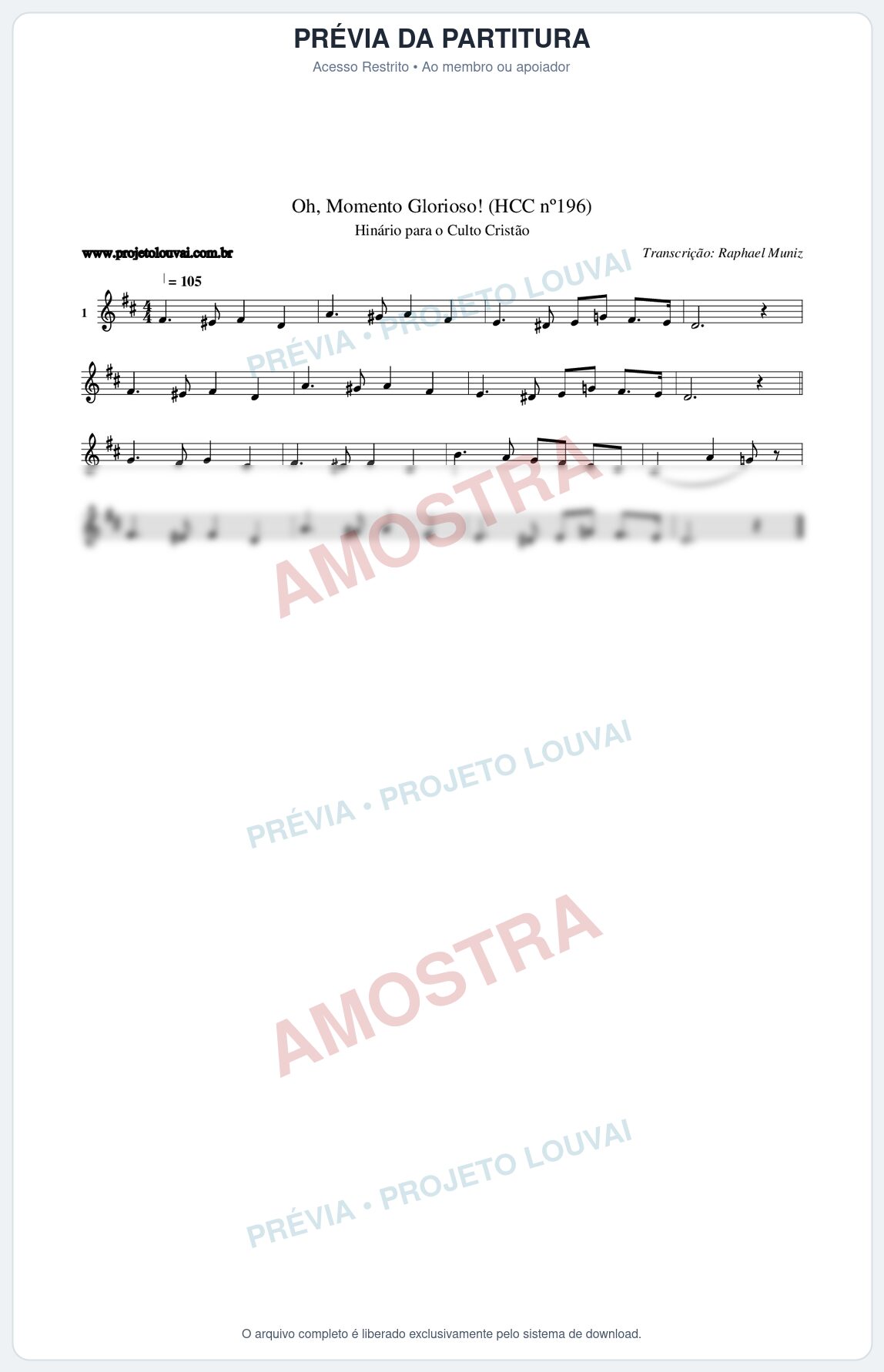 Prévia protegida da primeira página da partitura Partitura da música Oh, Momento Glorioso! (HCC nº196) - Hinário para o Culto Cristão - Tom D