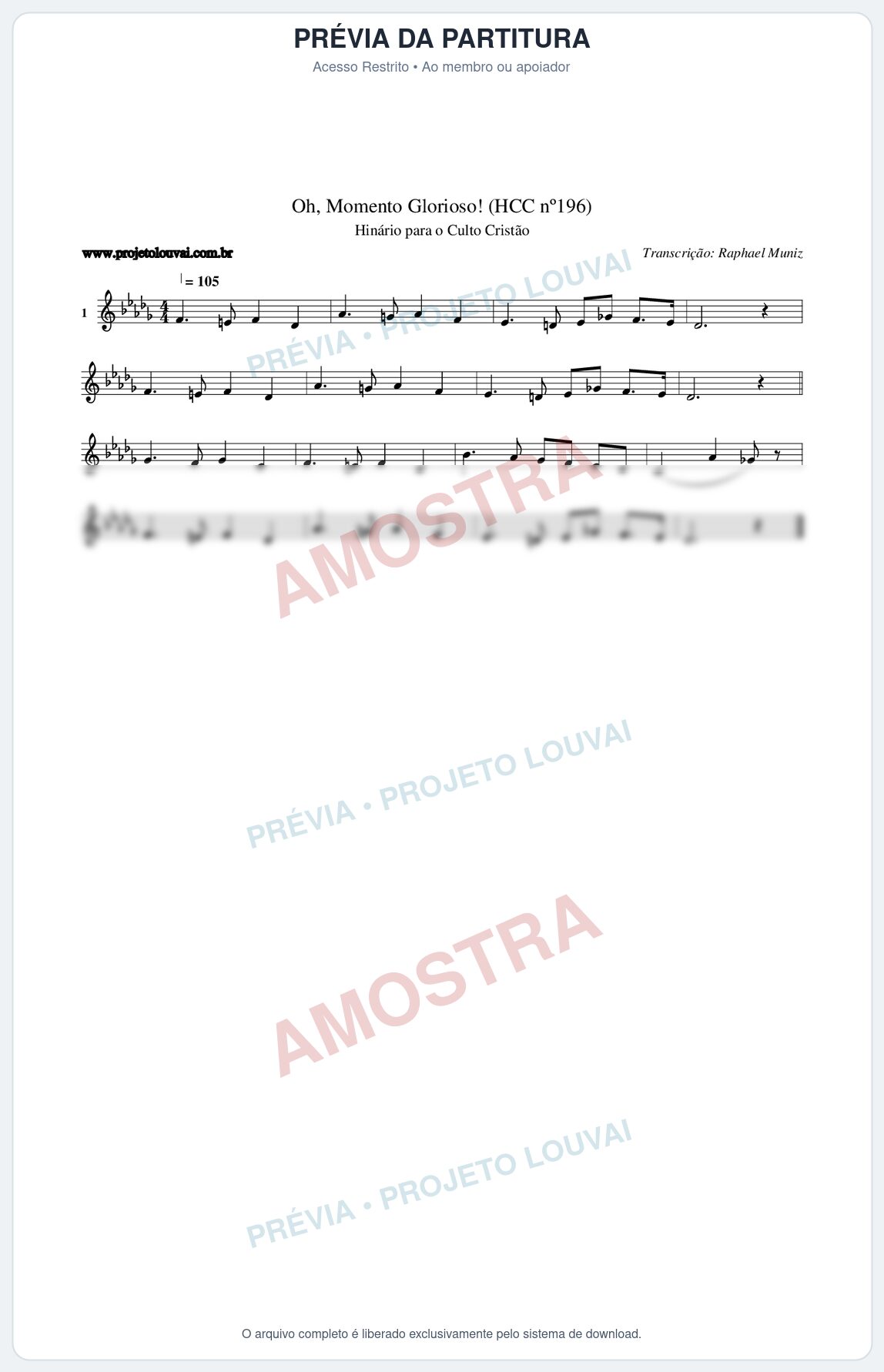 Prévia protegida da primeira página da partitura Partitura da música Oh, Momento Glorioso! (HCC nº196) - Hinário para o Culto Cristão - Tom Db