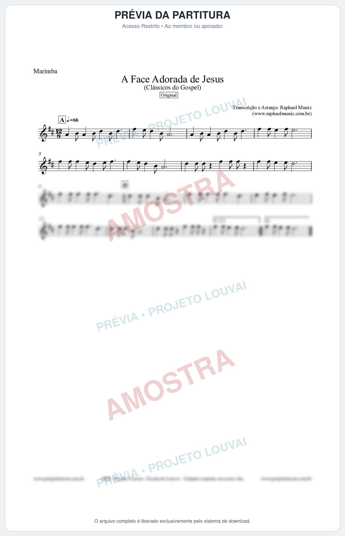 Prévia protegida da primeira página da partitura Partitura para Marimba - A Face Adorada de Jesus - Harpa Cristã 304 (Tom D) - Clássicos do Gospel
