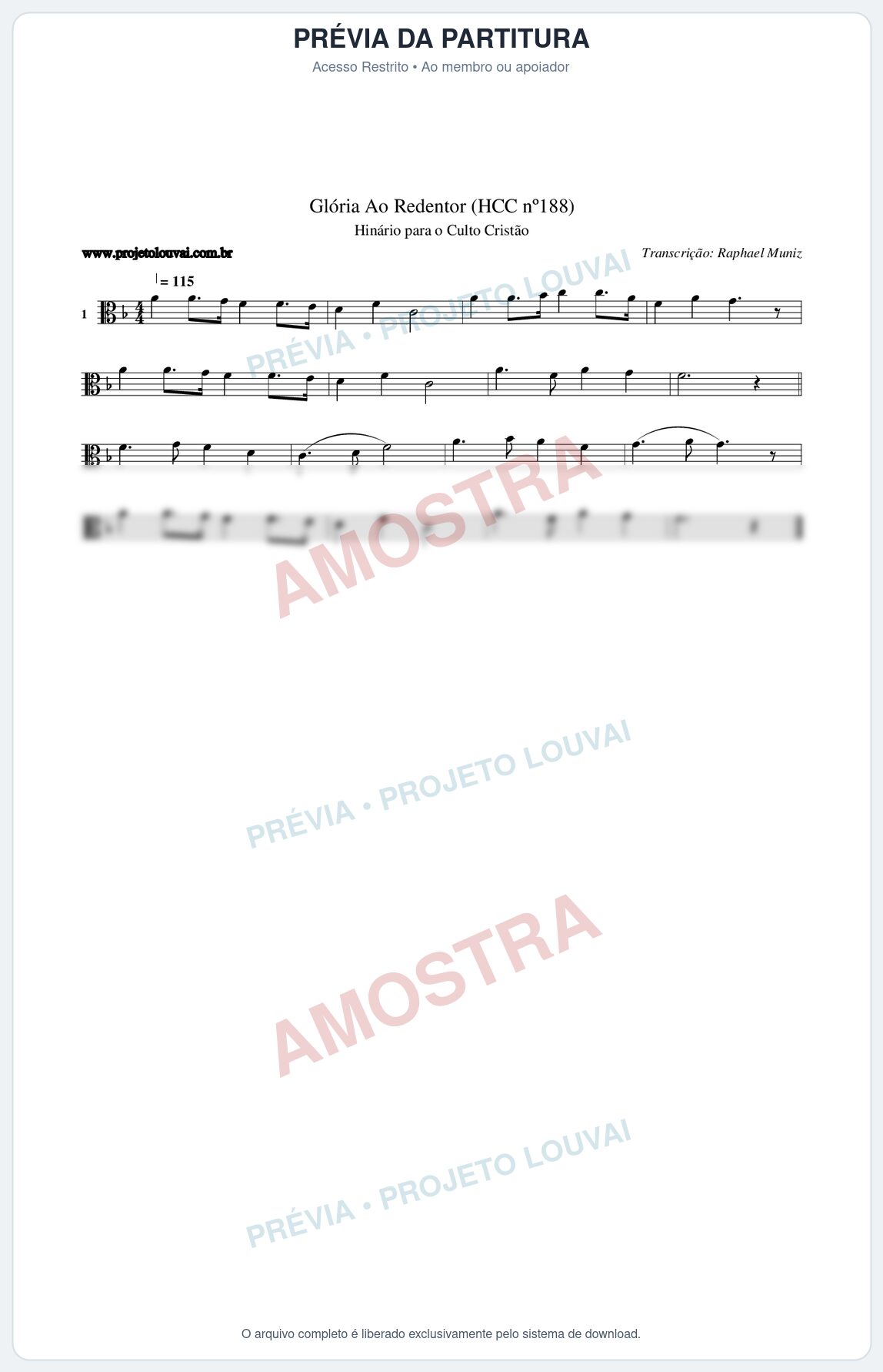 Prévia protegida da primeira página da partitura Partitura da música Glória Ao Redentor (HCC nº188) - Hinário para o Culto Cristão - Tom F