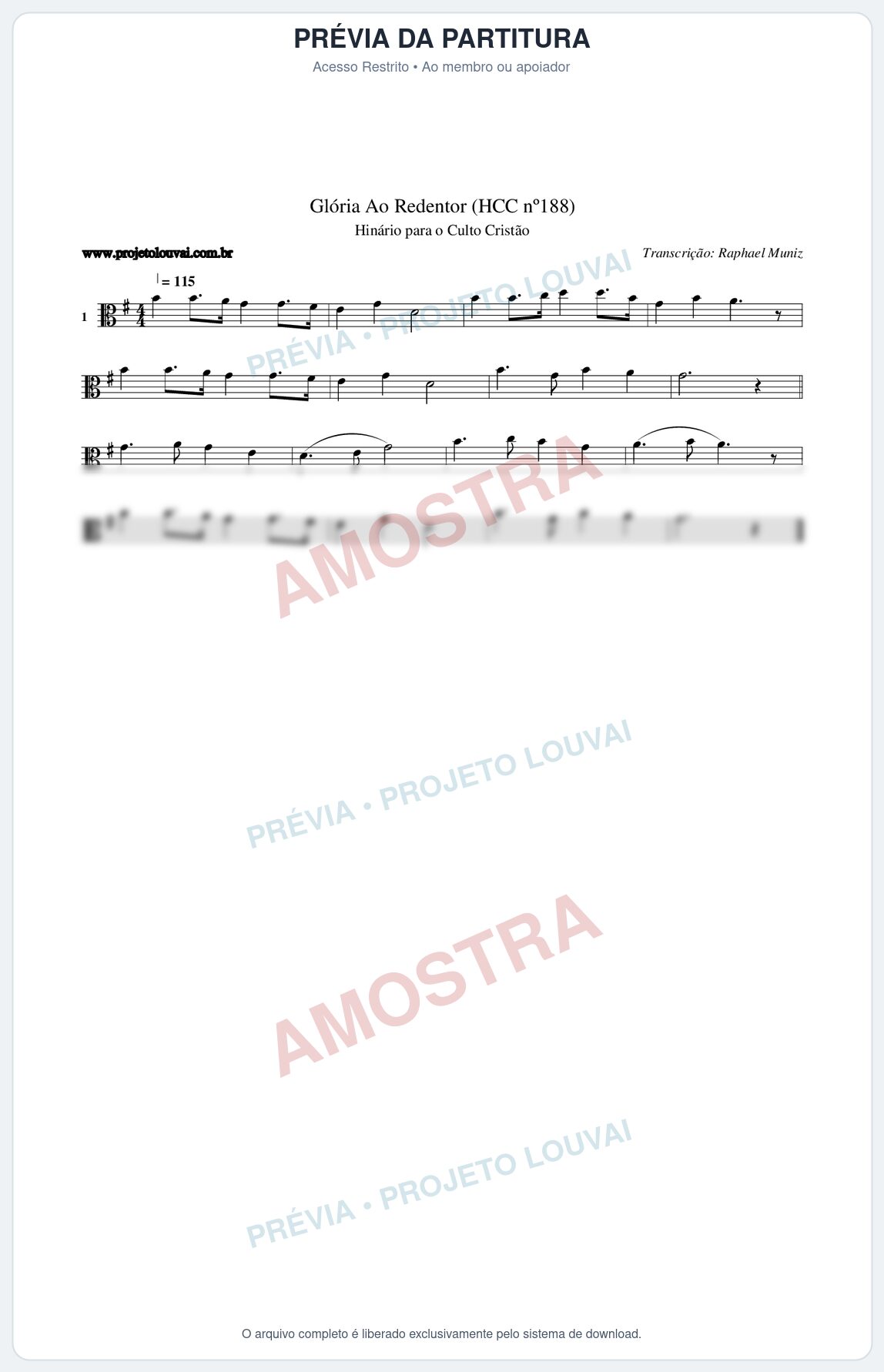 Prévia protegida da primeira página da partitura Partitura da música Glória Ao Redentor (HCC nº188) - Hinário para o Culto Cristão - Tom G