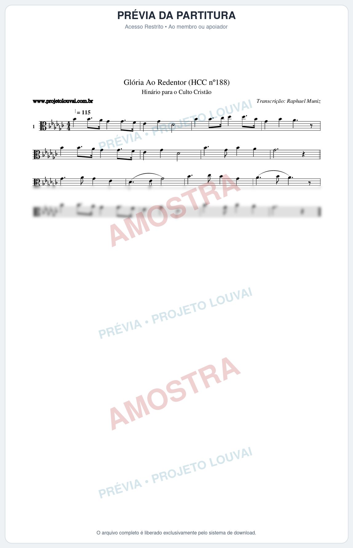 Prévia protegida da primeira página da partitura Partitura da música Glória Ao Redentor (HCC nº188) - Hinário para o Culto Cristão - Tom Gb