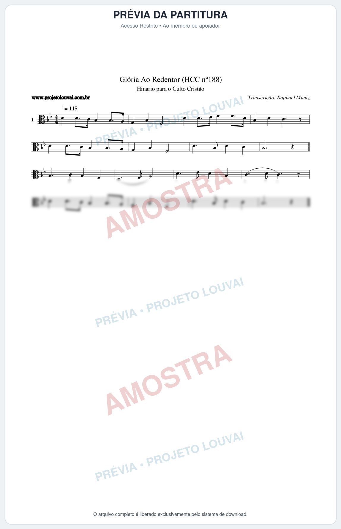 Prévia protegida da primeira página da partitura Partitura da música Glória Ao Redentor (HCC nº188) - Hinário para o Culto Cristão - Tom Bb