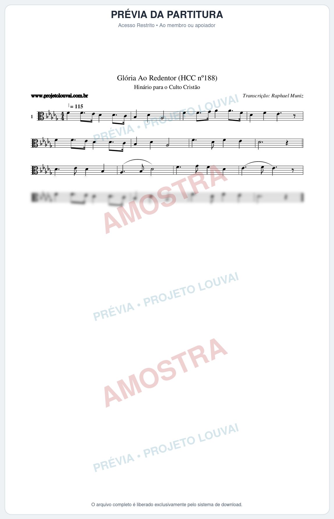 Prévia protegida da primeira página da partitura Partitura da música Glória Ao Redentor (HCC nº188) - Hinário para o Culto Cristão - Tom Db