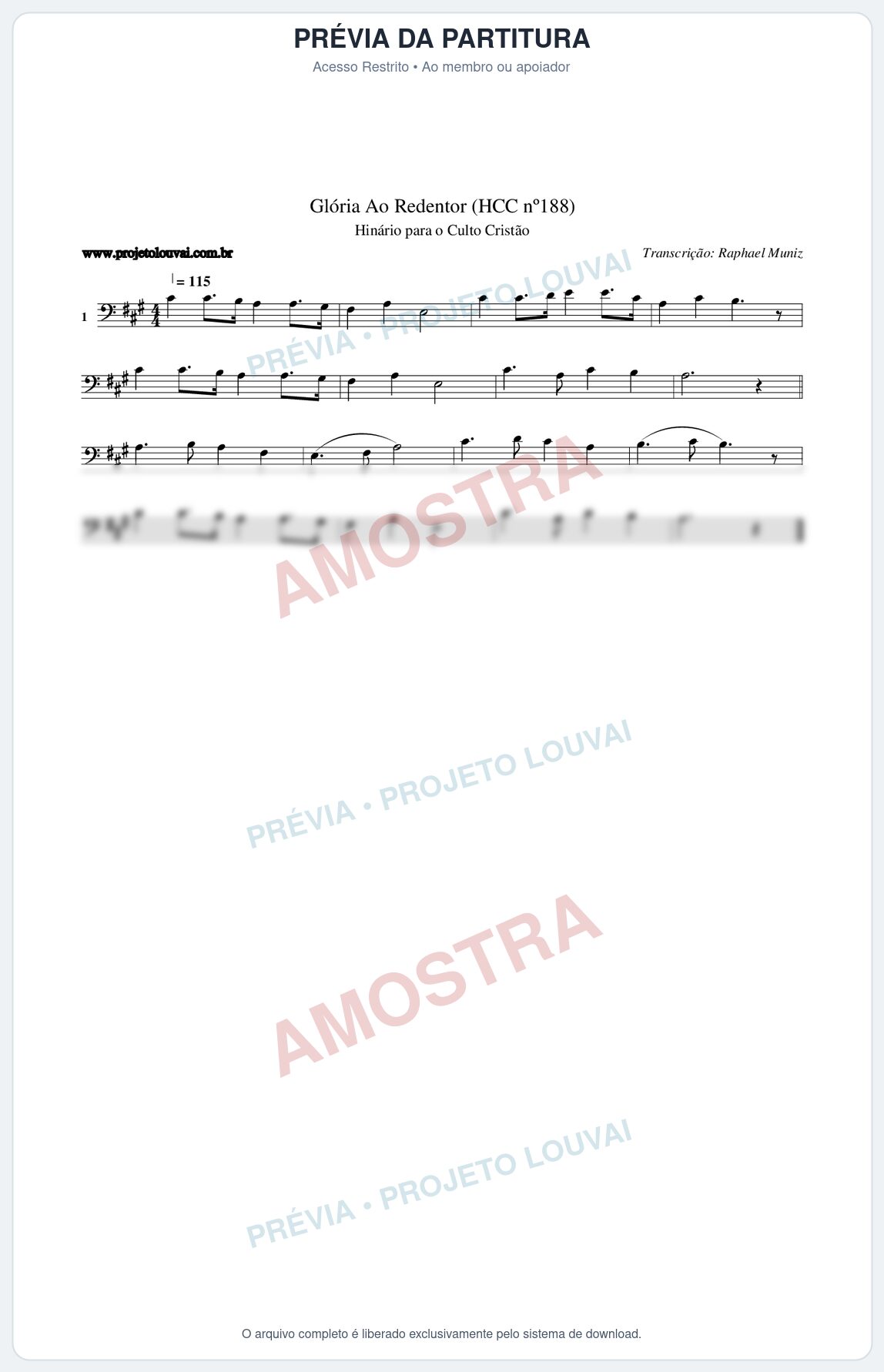 Prévia protegida da primeira página da partitura Partitura da música Glória Ao Redentor (HCC nº188) - Hinário para o Culto Cristão - Tom A