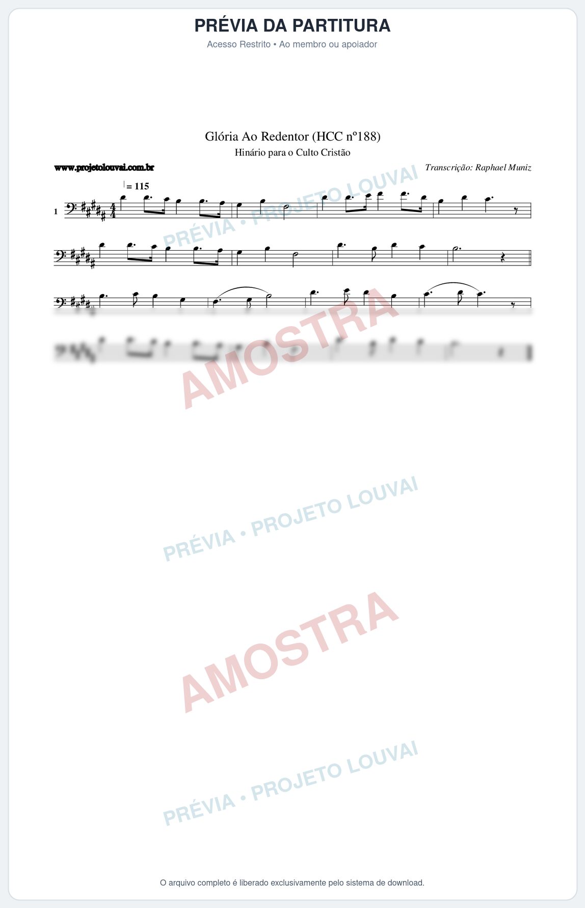 Prévia protegida da primeira página da partitura Partitura da música Glória Ao Redentor (HCC nº188) - Hinário para o Culto Cristão - Tom B
