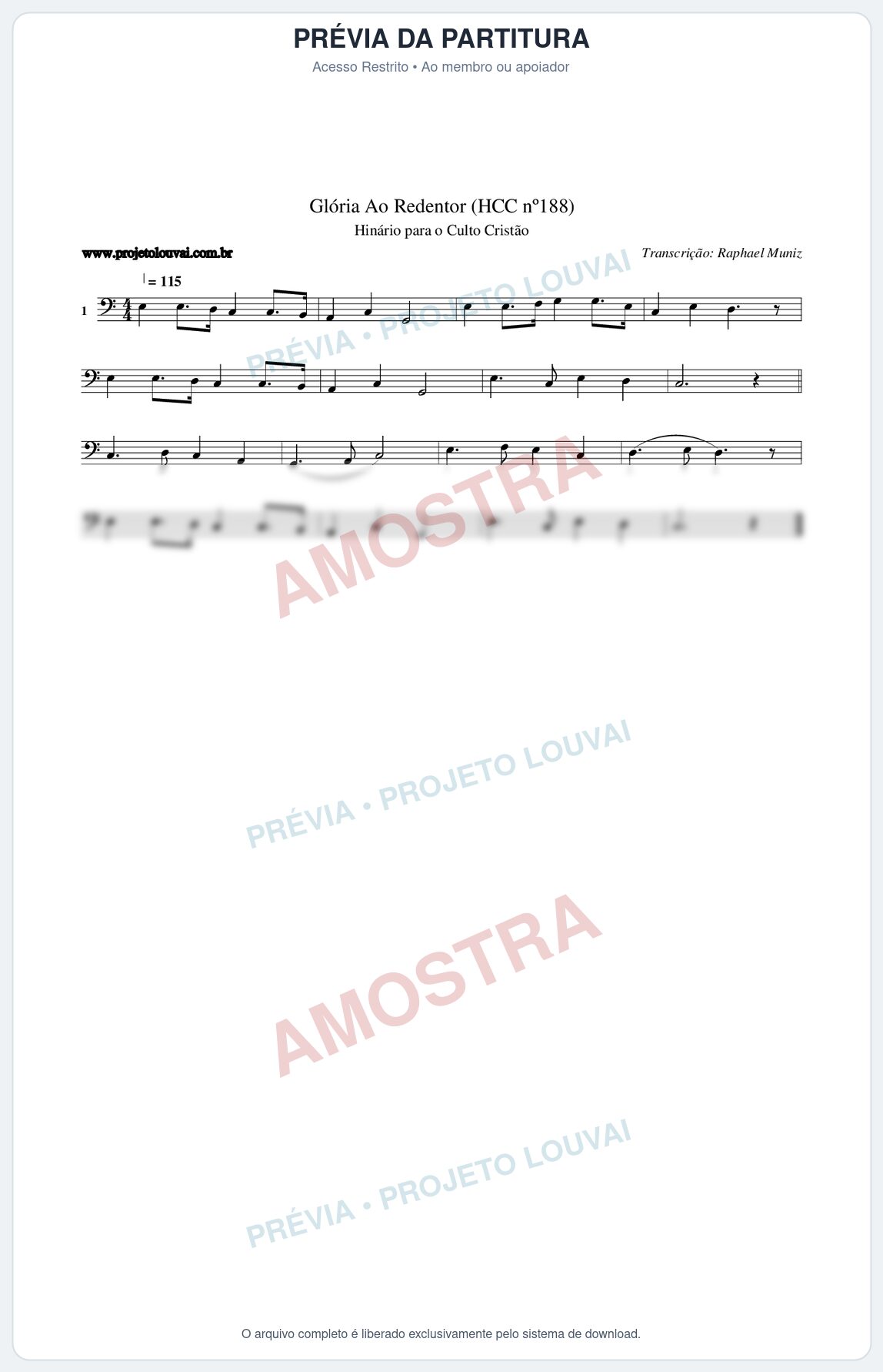Prévia protegida da primeira página da partitura Partitura da música Glória Ao Redentor (HCC nº188) - Hinário para o Culto Cristão - Tom C