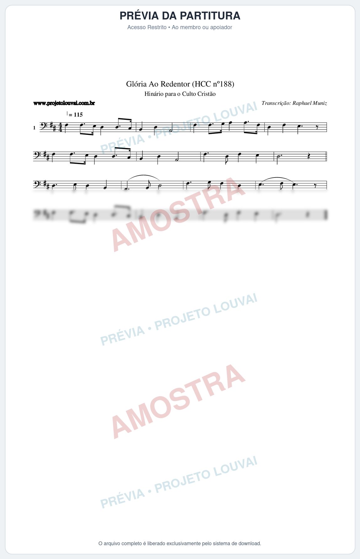 Prévia protegida da primeira página da partitura Partitura da música Glória Ao Redentor (HCC nº188) - Hinário para o Culto Cristão - Tom D