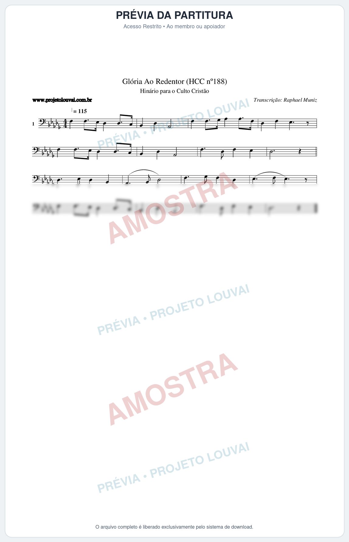 Prévia protegida da primeira página da partitura Partitura da música Glória Ao Redentor (HCC nº188) - Hinário para o Culto Cristão - Tom Db
