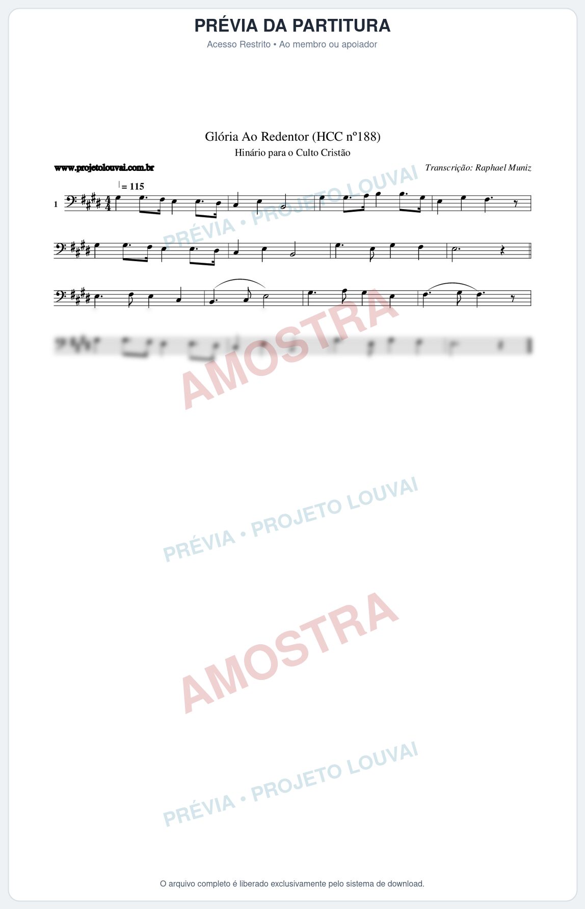 Prévia protegida da primeira página da partitura Partitura da música Glória Ao Redentor (HCC nº188) - Hinário para o Culto Cristão - Tom E