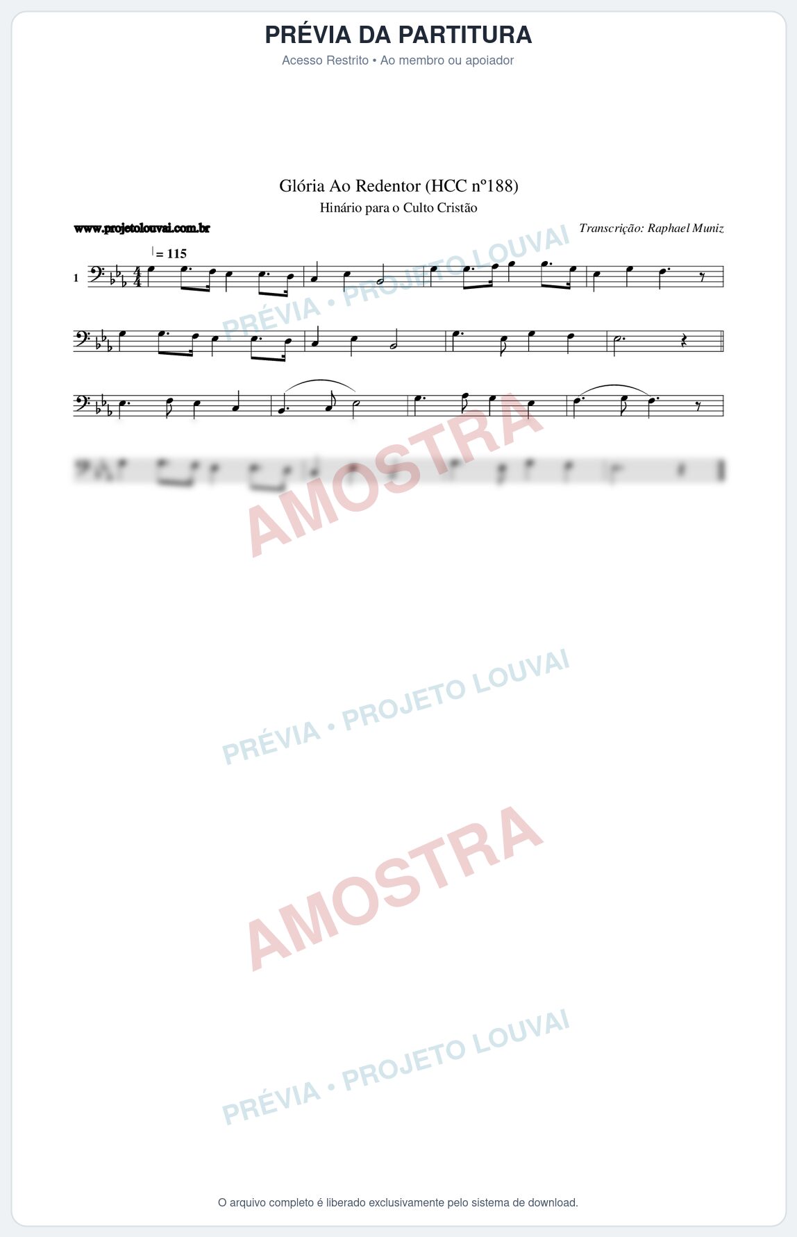 Prévia protegida da primeira página da partitura Partitura da música Glória Ao Redentor (HCC nº188) - Hinário para o Culto Cristão - Tom Eb