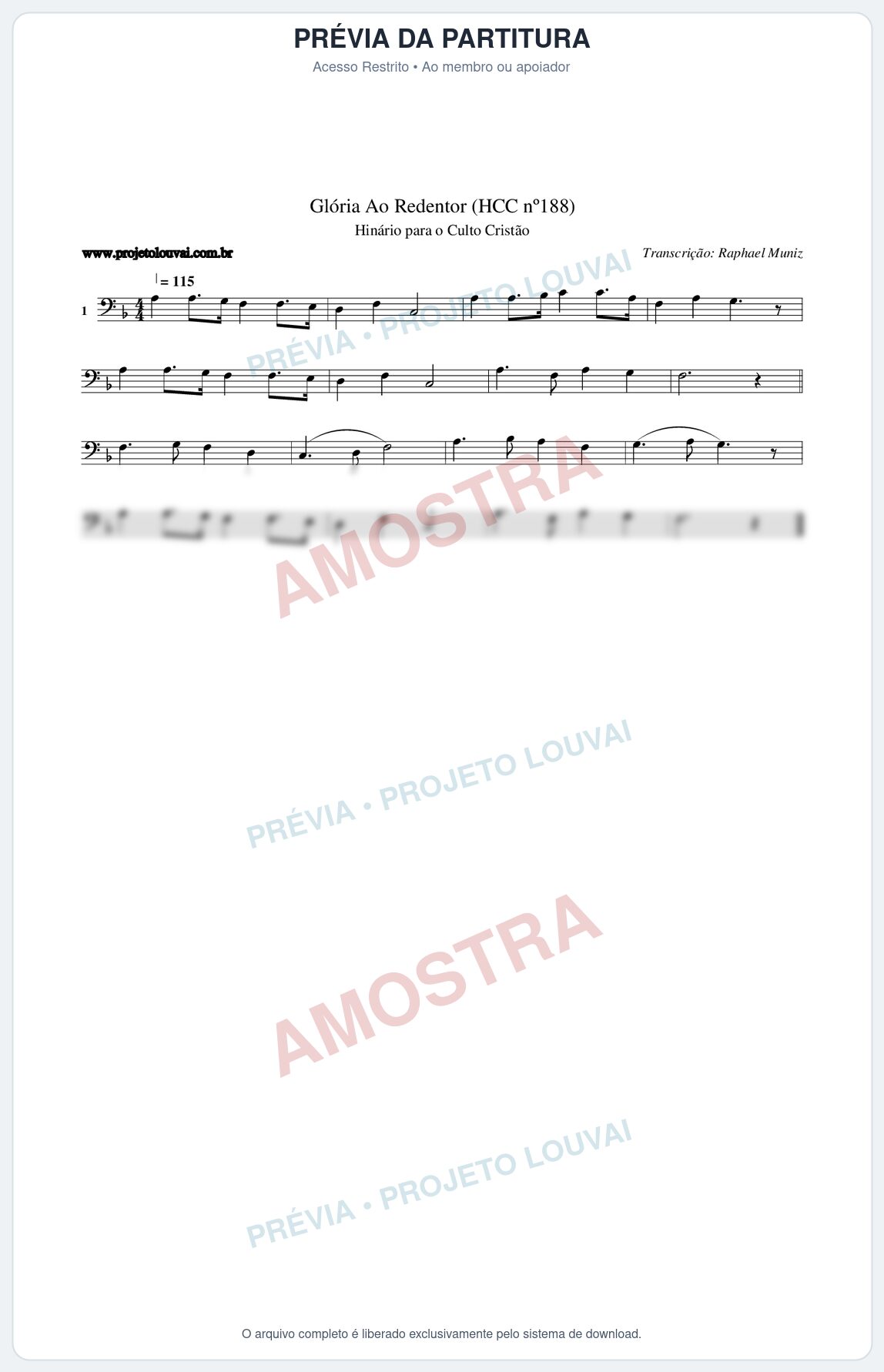 Prévia protegida da primeira página da partitura Partitura da música Glória Ao Redentor (HCC nº188) - Hinário para o Culto Cristão - Tom F