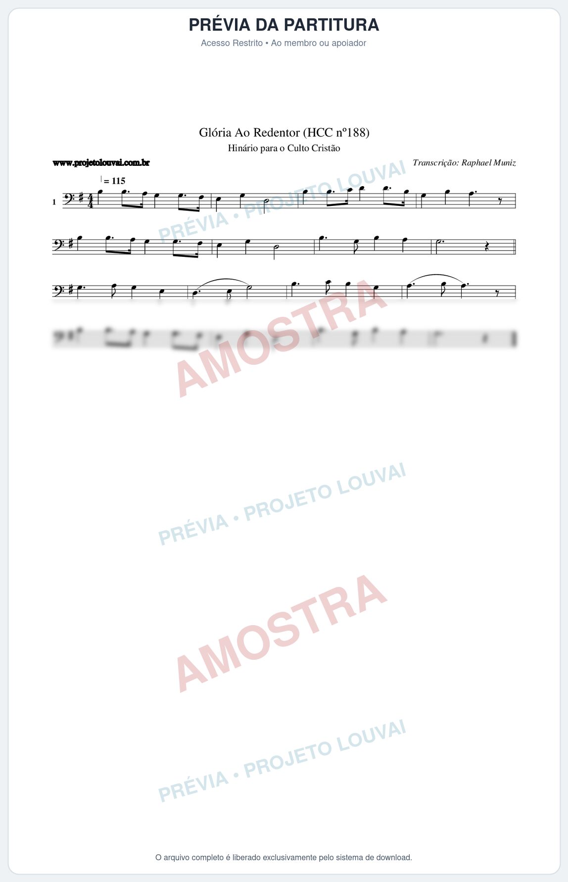 Prévia protegida da primeira página da partitura Partitura da música Glória Ao Redentor (HCC nº188) - Hinário para o Culto Cristão - Tom G