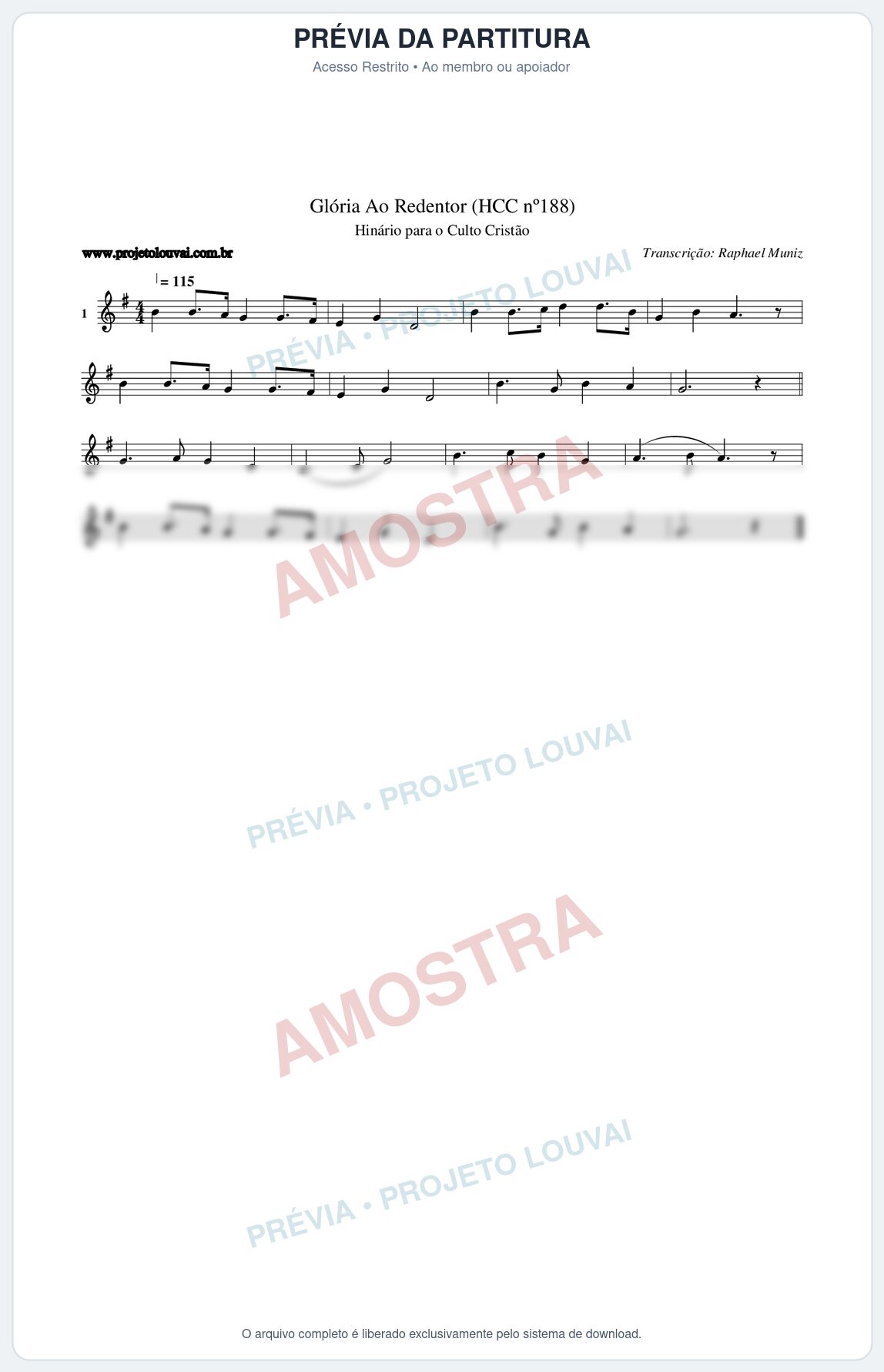 Prévia protegida da primeira página da partitura Partitura da música Glória Ao Redentor (HCC nº188) - Hinário para o Culto Cristão - Tom G