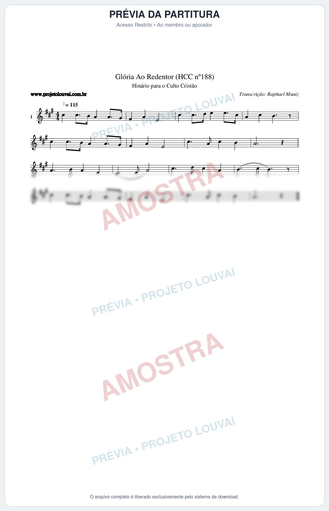 Prévia protegida da primeira página da partitura Partitura da música Glória Ao Redentor (HCC nº188) - Hinário para o Culto Cristão - Tom A