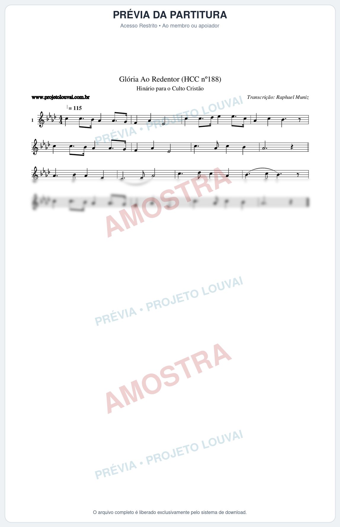 Prévia protegida da primeira página da partitura Partitura da música Glória Ao Redentor (HCC nº188) - Hinário para o Culto Cristão - Tom Ab