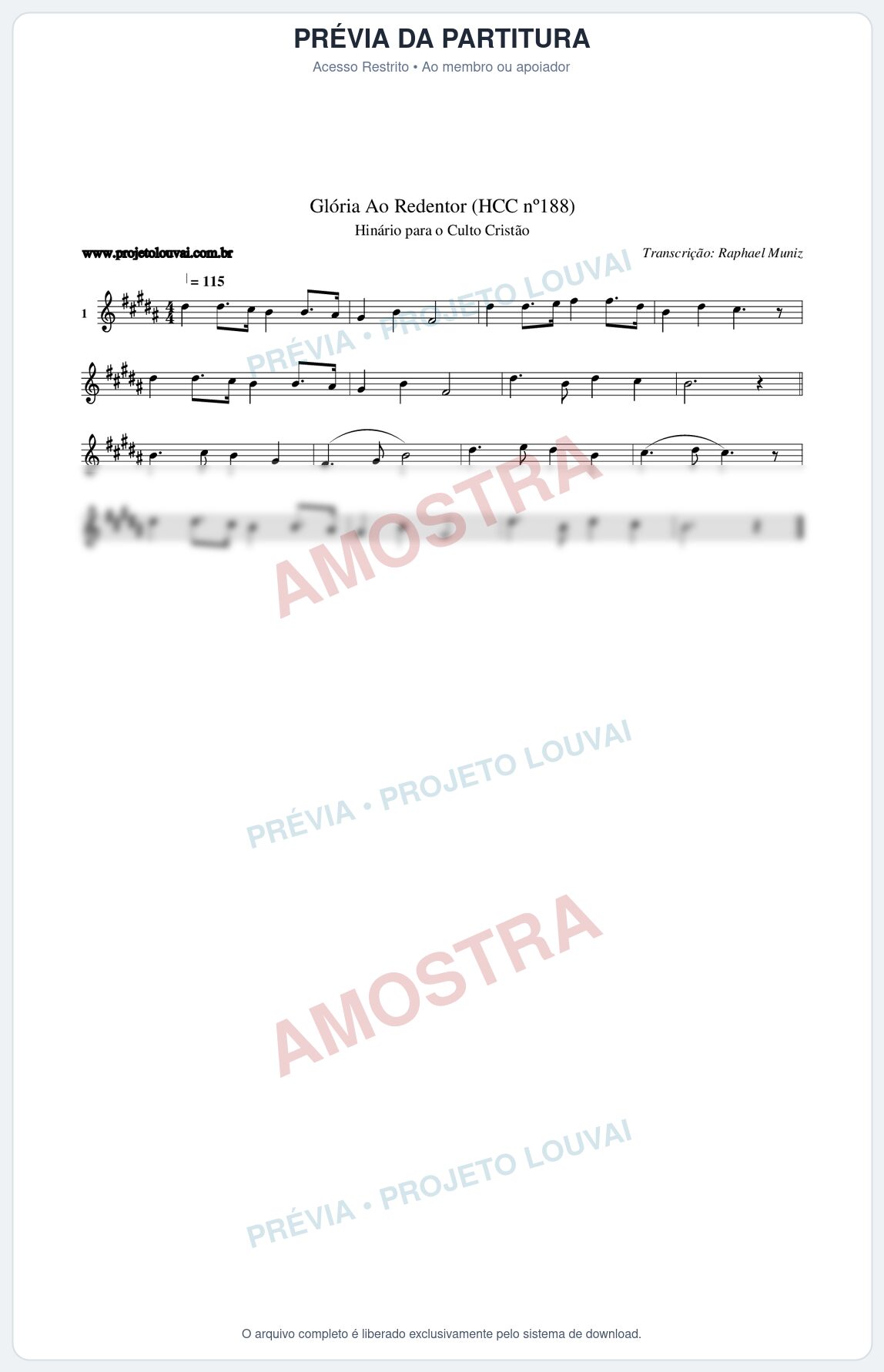 Prévia protegida da primeira página da partitura Partitura da música Glória Ao Redentor (HCC nº188) - Hinário para o Culto Cristão - Tom B