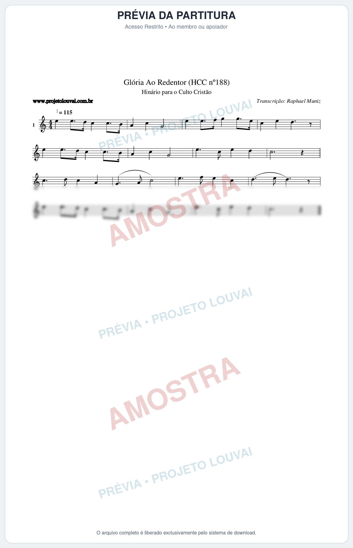 Prévia protegida da primeira página da partitura Partitura da música Glória Ao Redentor (HCC nº188) - Hinário para o Culto Cristão - Tom C