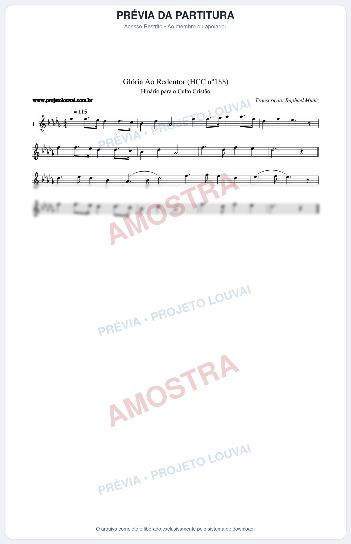 Prévia protegida da primeira página da partitura Partitura da música Glória Ao Redentor (HCC nº188) - Hinário para o Culto Cristão - Tom Db