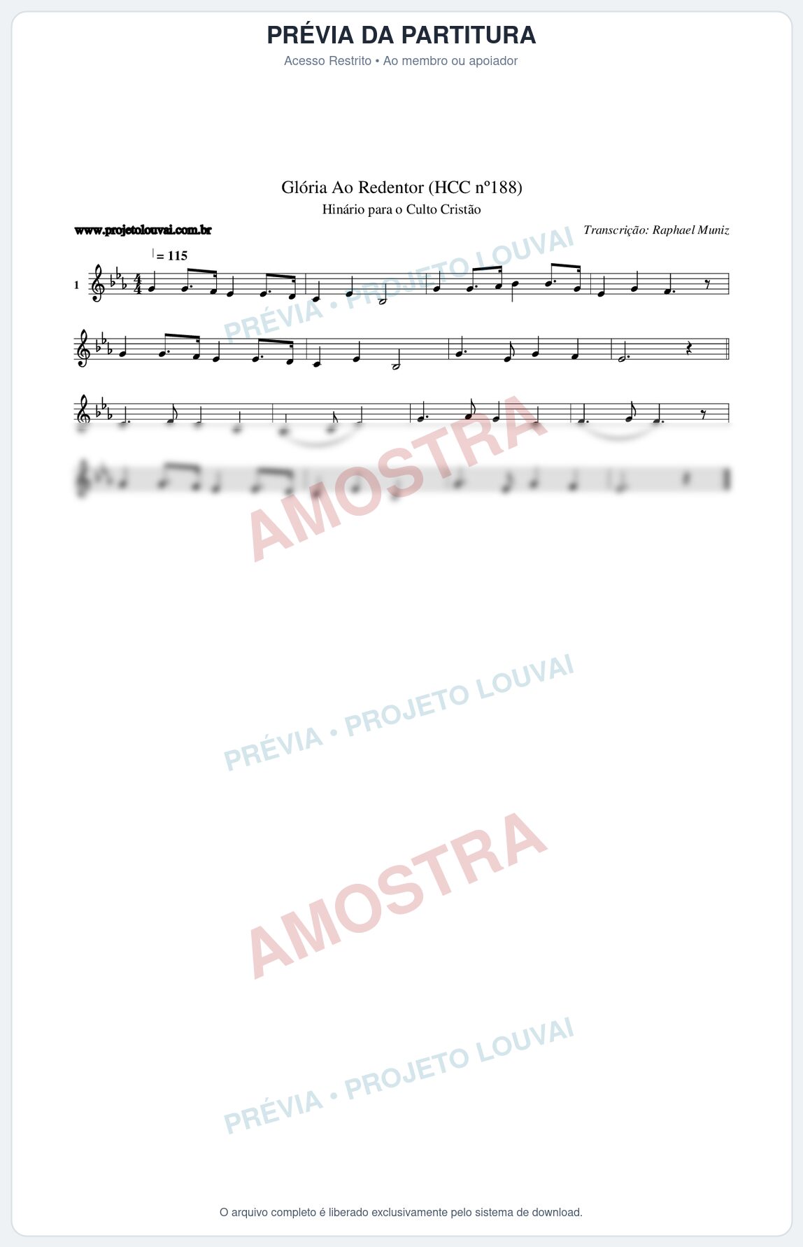 Prévia protegida da primeira página da partitura Partitura da música Glória Ao Redentor (HCC nº188) - Hinário para o Culto Cristão - Tom Eb