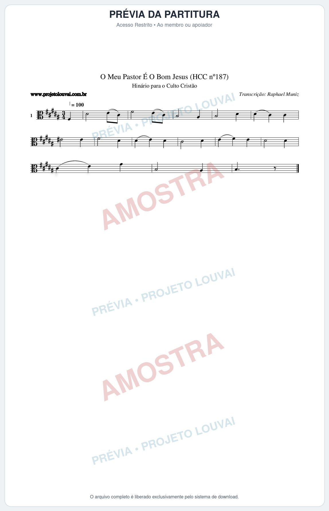 Prévia protegida da primeira página da partitura Partitura da música O Meu Pastor É O Bom Jesus (HCC nº187) - Hinário para o Culto Cristão - Tom B