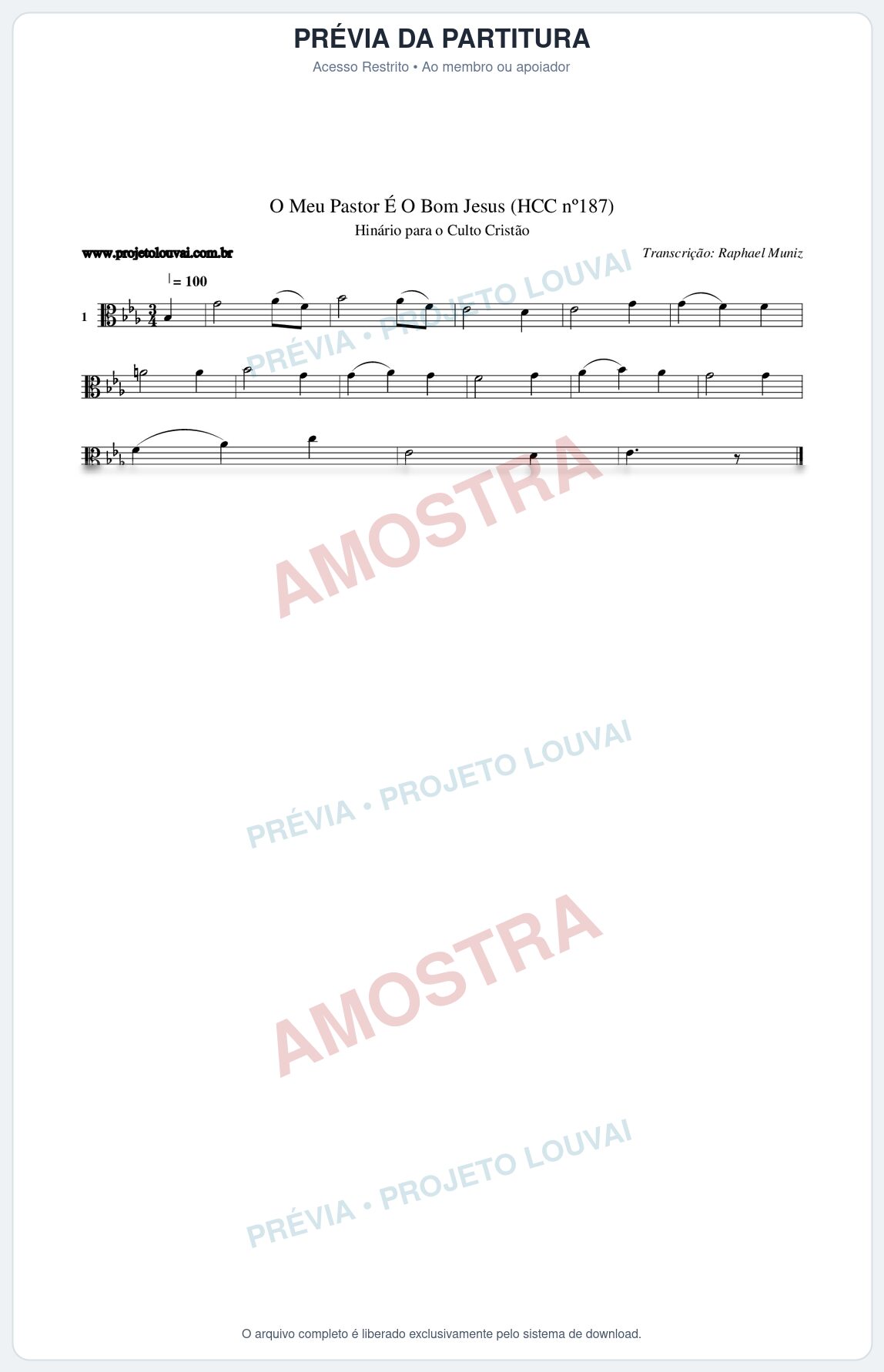 Prévia protegida da primeira página da partitura Partitura da música O Meu Pastor É O Bom Jesus (HCC nº187) - Hinário para o Culto Cristão - Tom Eb