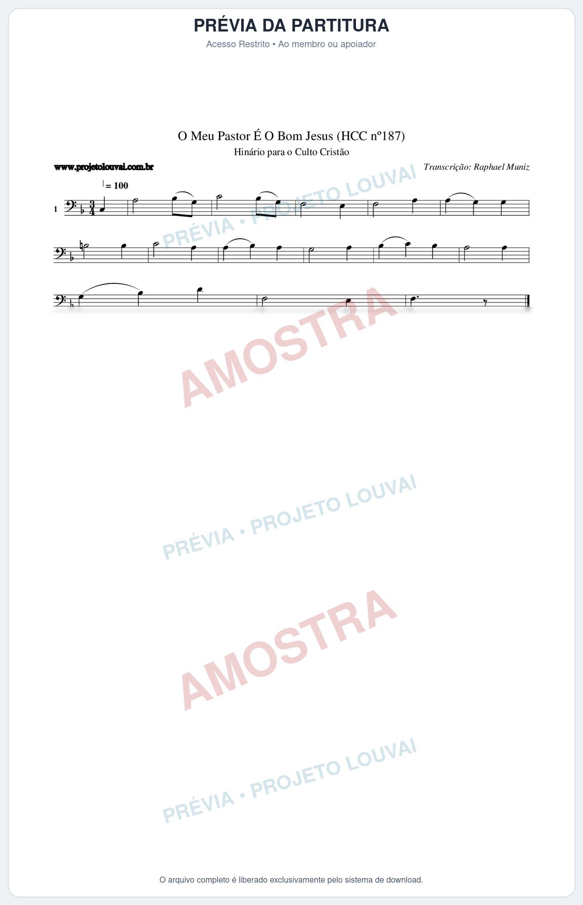 Prévia protegida da primeira página da partitura Partitura da música O Meu Pastor É O Bom Jesus (HCC nº187) - Hinário para o Culto Cristão - Tom F