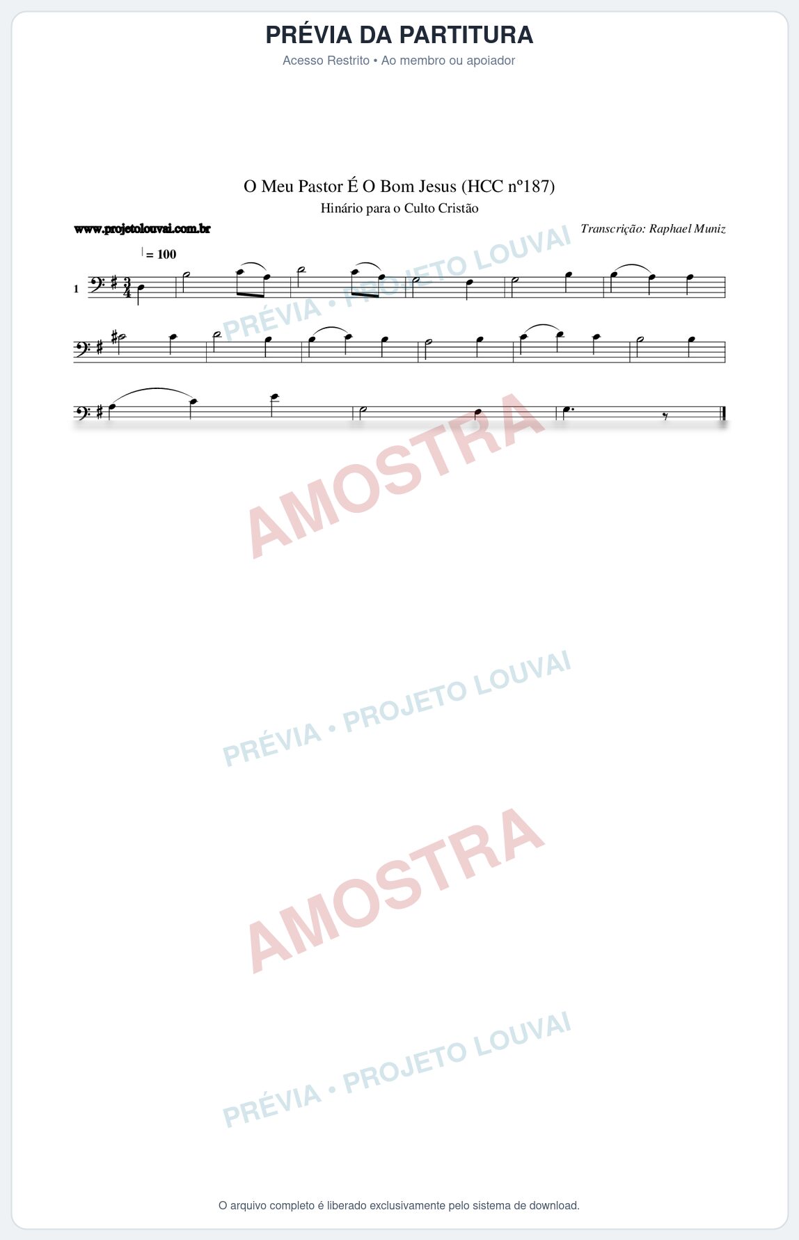 Prévia protegida da primeira página da partitura Partitura da música O Meu Pastor É O Bom Jesus (HCC nº187) - Hinário para o Culto Cristão - Tom G