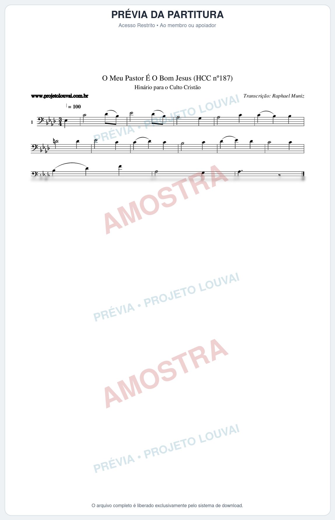 Prévia protegida da primeira página da partitura Partitura da música O Meu Pastor É O Bom Jesus (HCC nº187) - Hinário para o Culto Cristão - Tom Ab