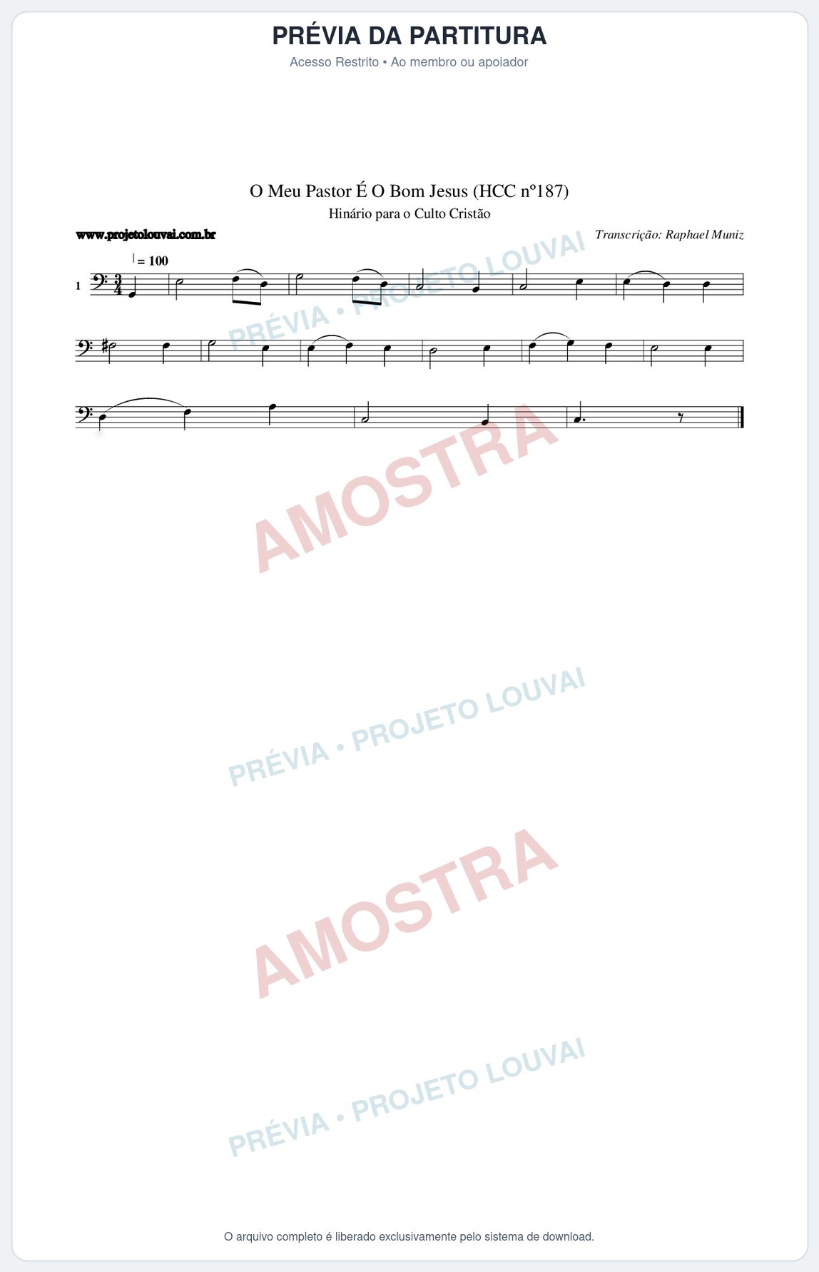 Prévia protegida da primeira página da partitura Partitura da música O Meu Pastor É O Bom Jesus (HCC nº187) - Hinário para o Culto Cristão - Tom C