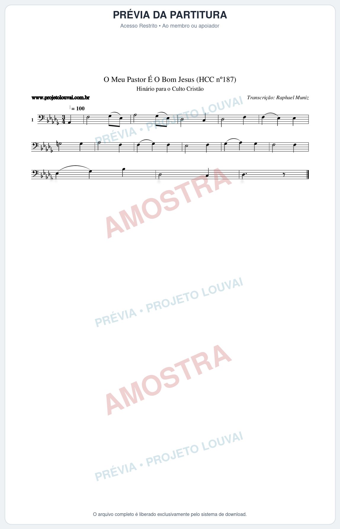 Prévia protegida da primeira página da partitura Partitura da música O Meu Pastor É O Bom Jesus (HCC nº187) - Hinário para o Culto Cristão - Tom Db