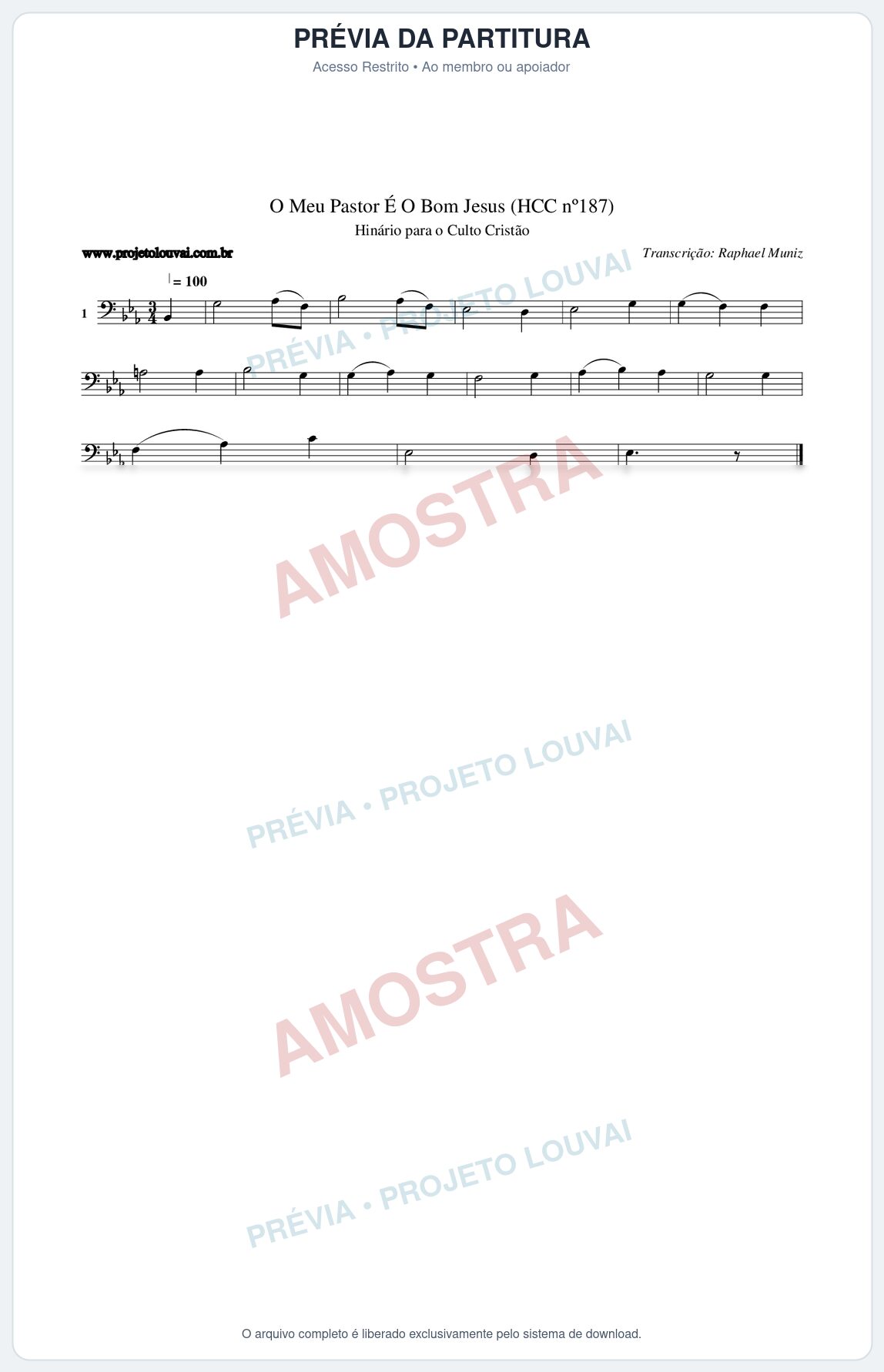 Prévia protegida da primeira página da partitura Partitura da música O Meu Pastor É O Bom Jesus (HCC nº187) - Hinário para o Culto Cristão - Tom Eb