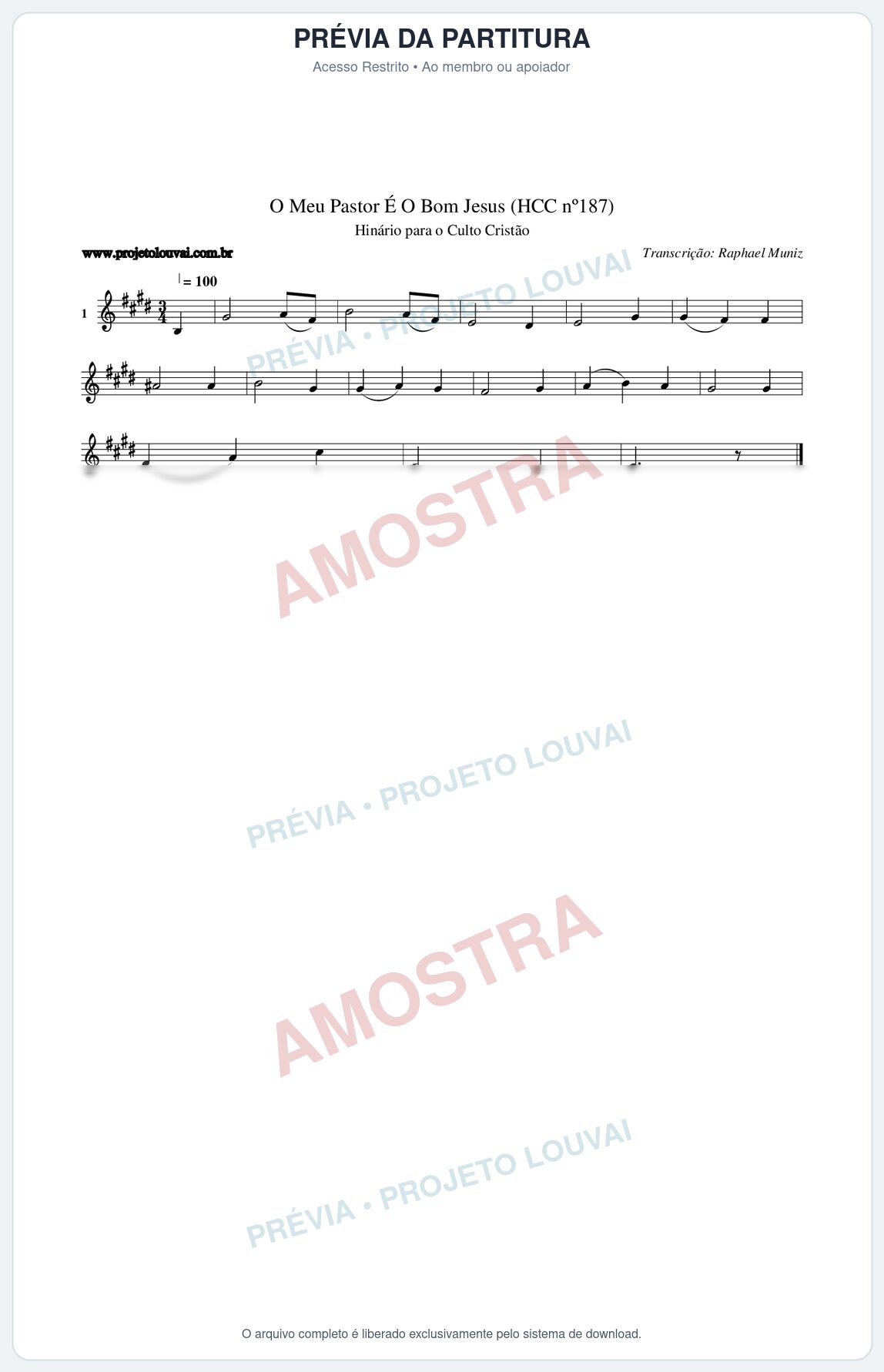 Prévia protegida da primeira página da partitura Partitura da música O Meu Pastor É O Bom Jesus (HCC nº187) - Hinário para o Culto Cristão - Tom E