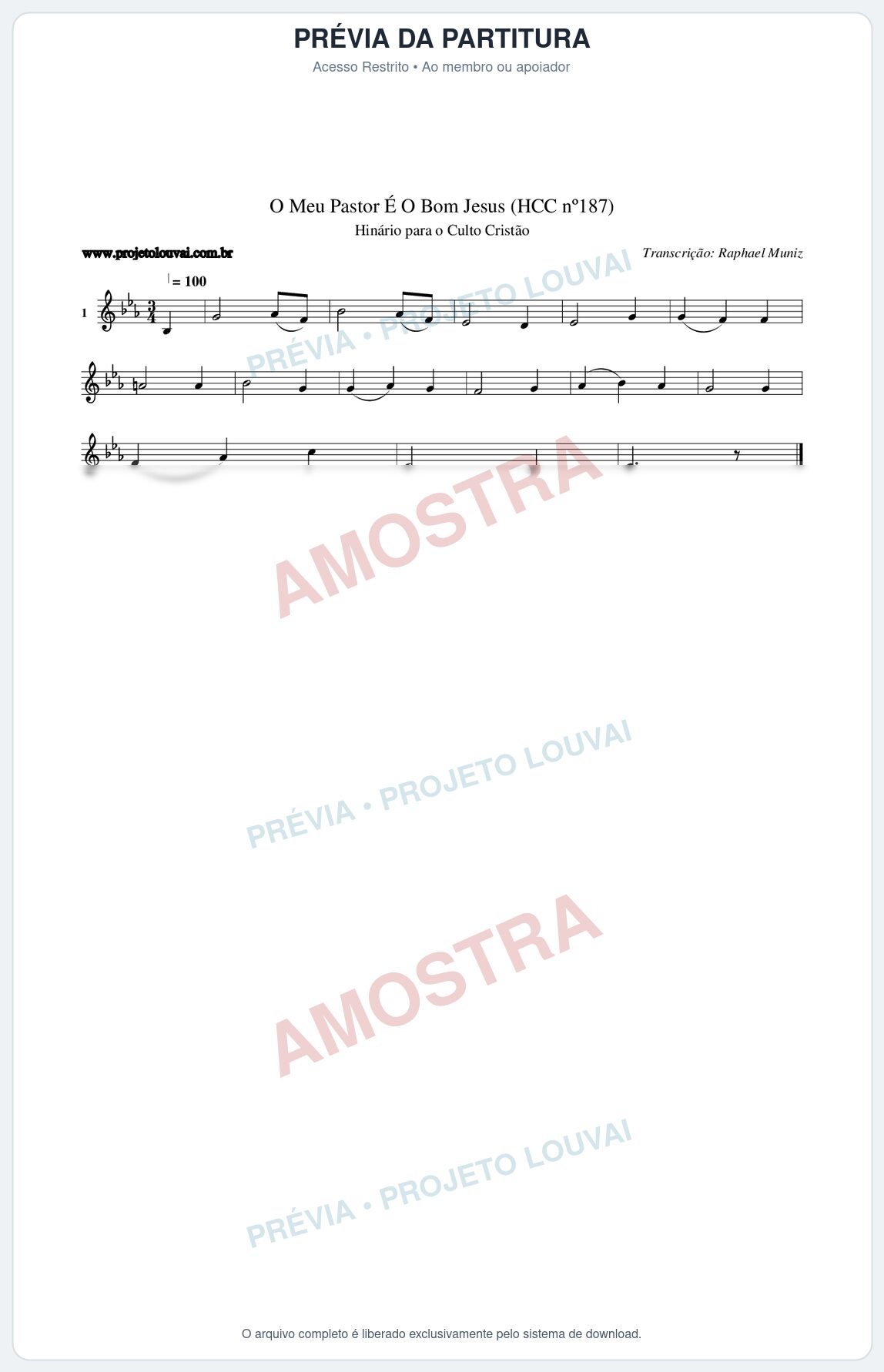 Prévia protegida da primeira página da partitura Partitura da música O Meu Pastor É O Bom Jesus (HCC nº187) - Hinário para o Culto Cristão - Tom Eb