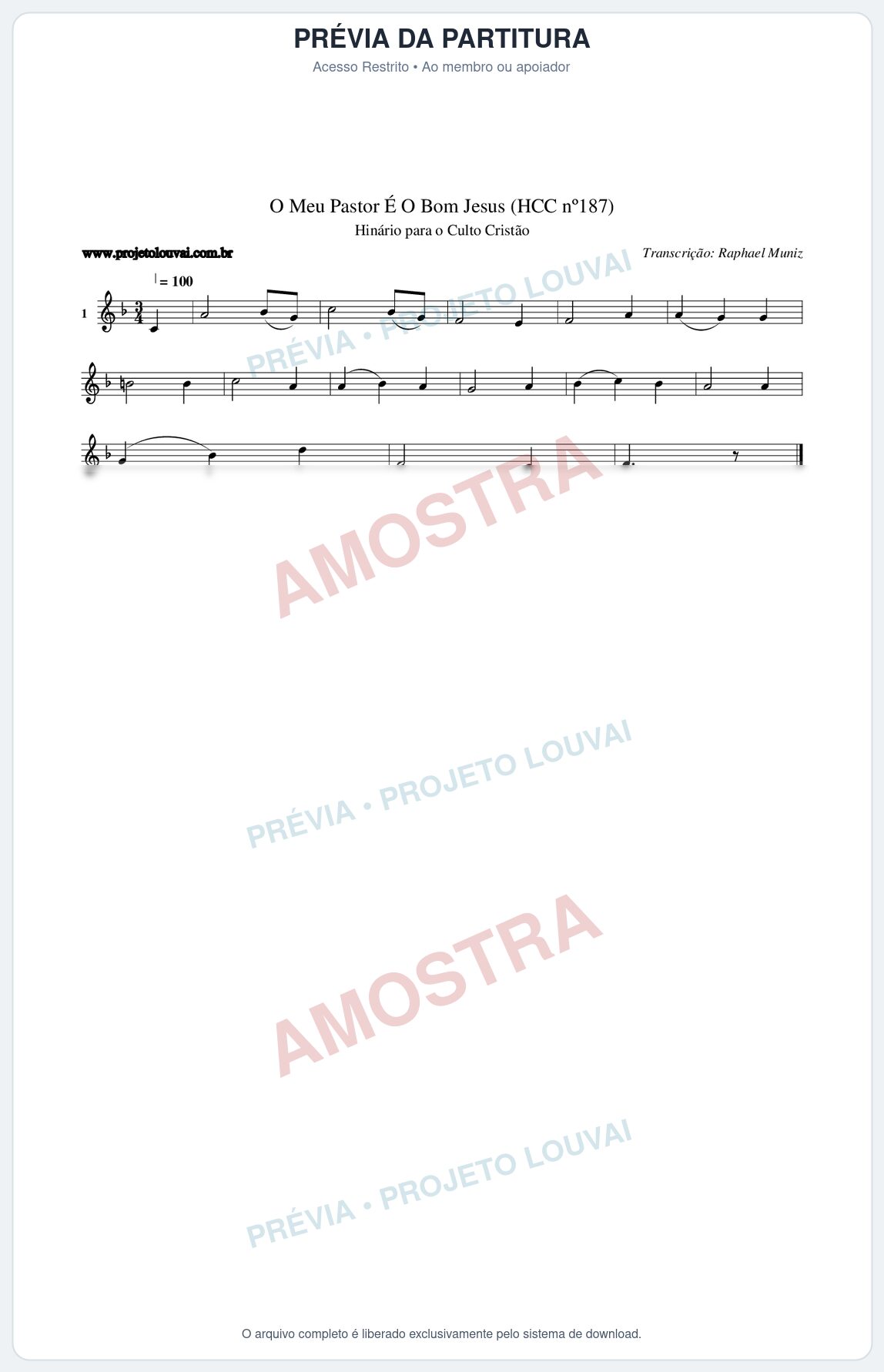 Prévia protegida da primeira página da partitura Partitura da música O Meu Pastor É O Bom Jesus (HCC nº187) - Hinário para o Culto Cristão - Tom F