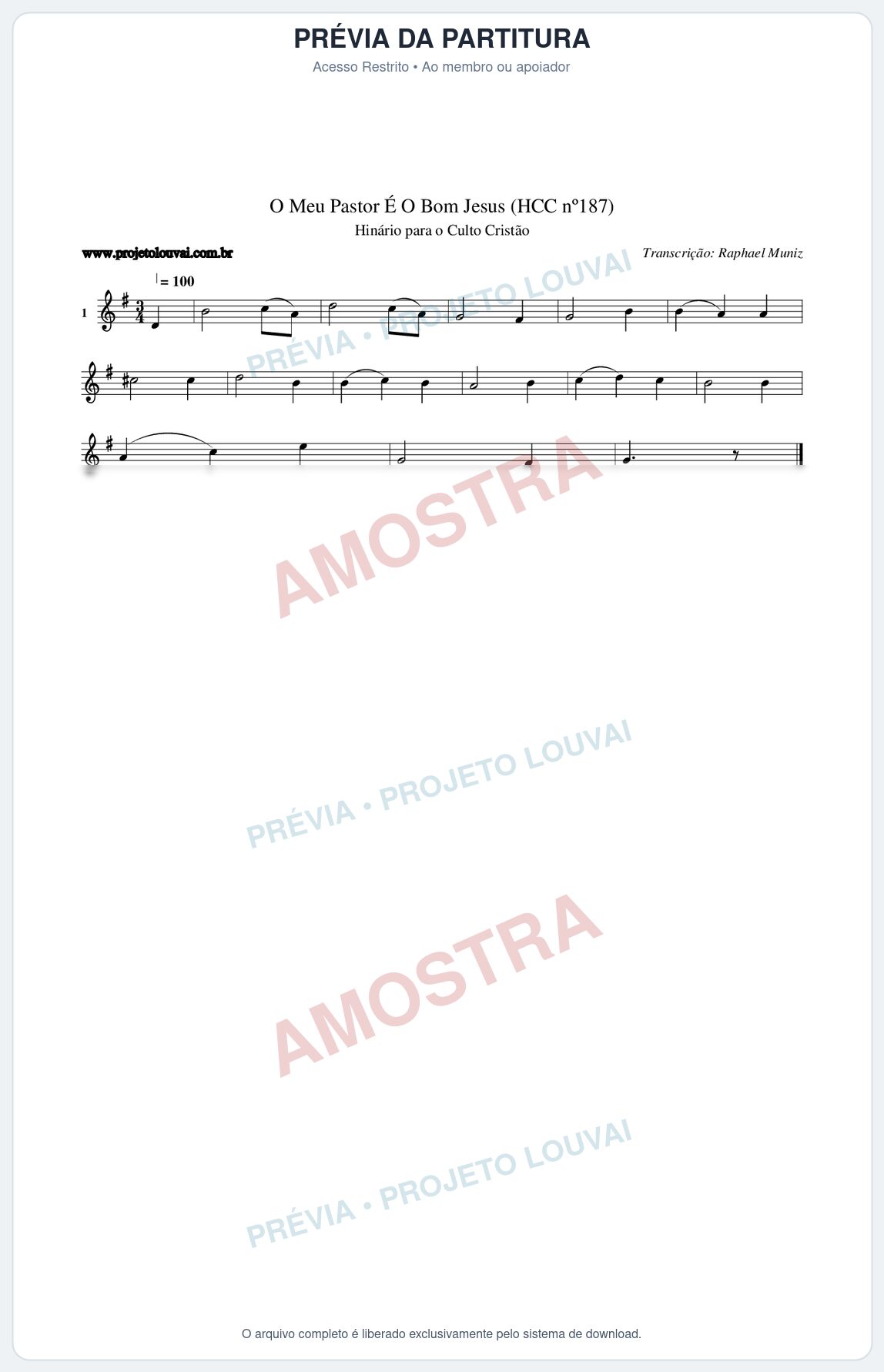 Prévia protegida da primeira página da partitura Partitura da música O Meu Pastor É O Bom Jesus (HCC nº187) - Hinário para o Culto Cristão - Tom G