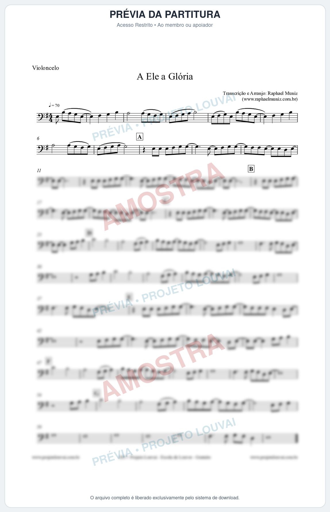 Prévia protegida da primeira página da partitura Partitura para Violoncelo - A Ele a Glória - Diante do Trono