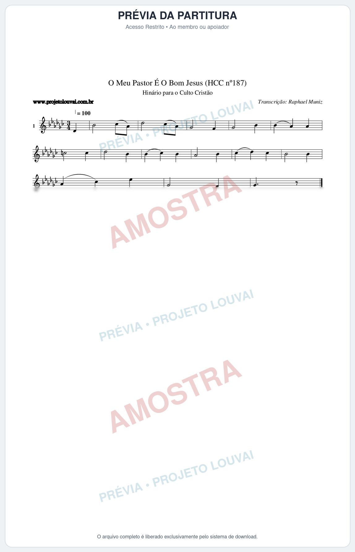 Prévia protegida da primeira página da partitura Partitura da música O Meu Pastor É O Bom Jesus (HCC nº187) - Hinário para o Culto Cristão - Tom Gb